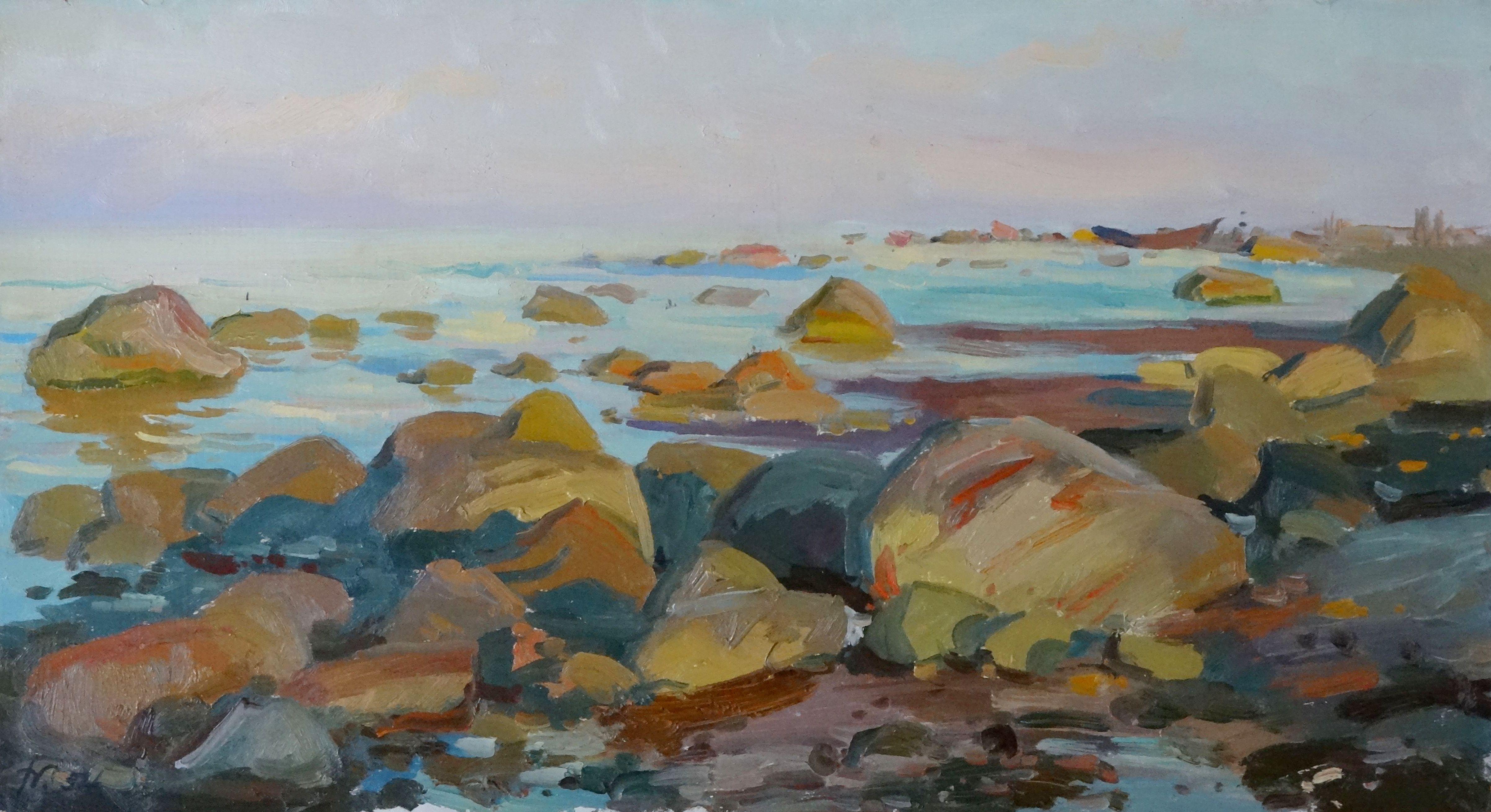 Felsige Meeresküste. Abendsonne, 1954, Öl auf Karton, 33x61 cm