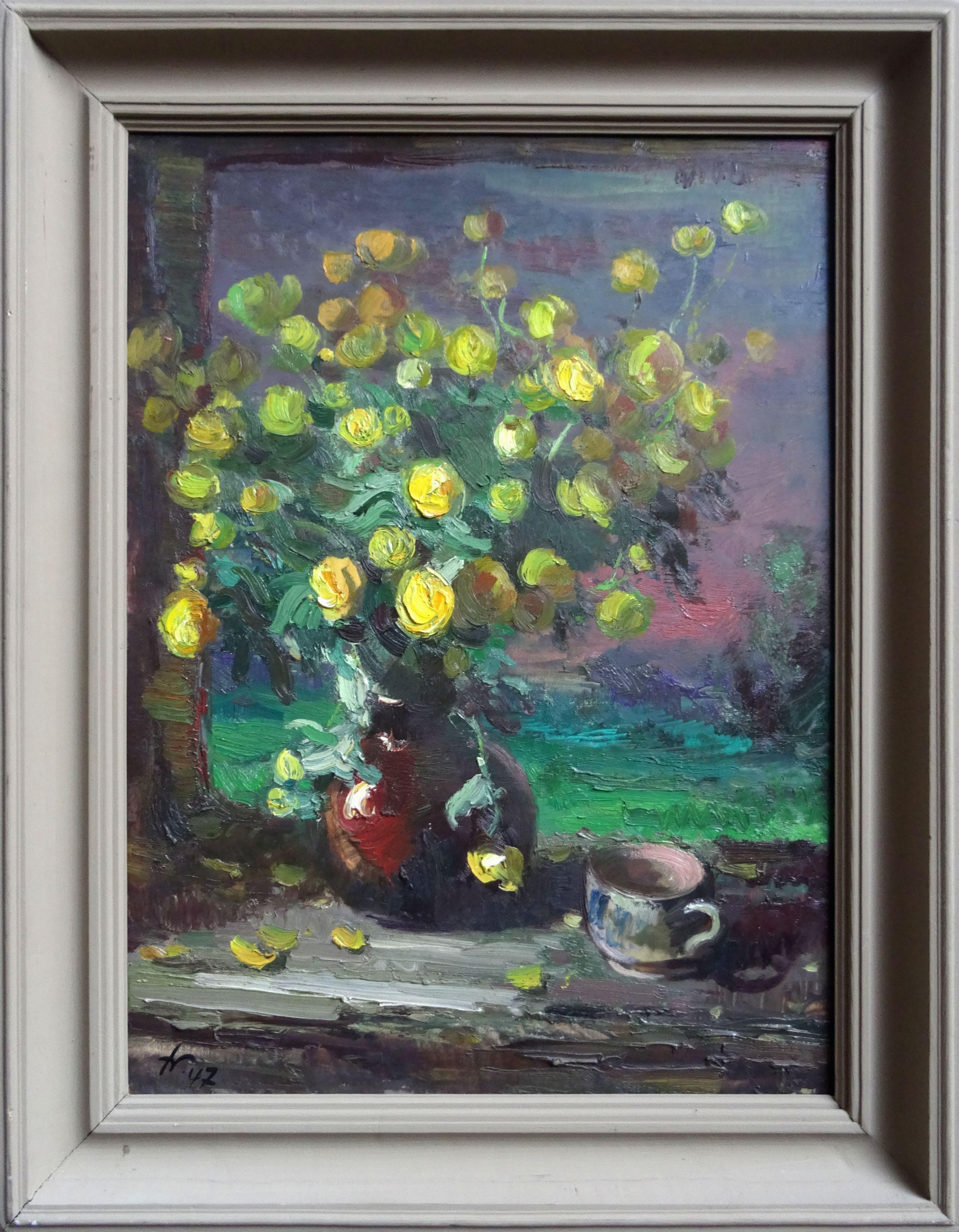 Flores amarillas en jarrón. Caltha 1947, óleo sobre contrachapado, 73x54 cm - Painting de Julijs Vilumainis