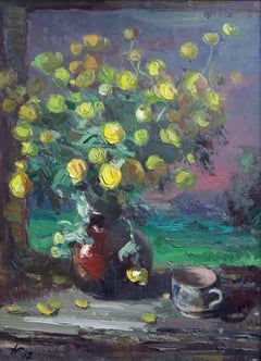 Vintage Yellow flowers in vase. Caltha. 1947, oil on plywood, 73x54 cm