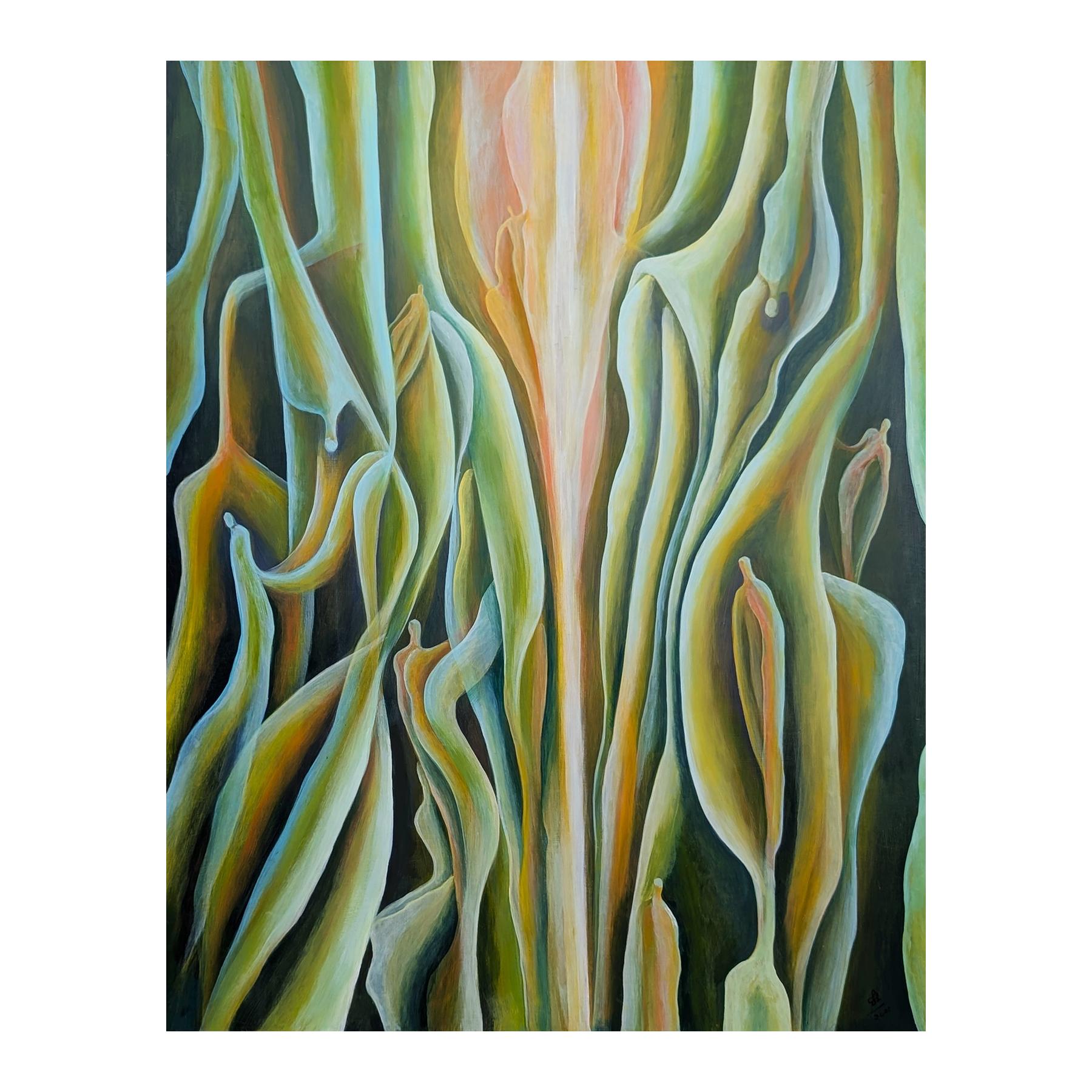 Zeitgenössisches abstraktes Ölgemälde in Grün- und Gelbtönen mit botanischem Hintergrund – Painting von Julián Sierra