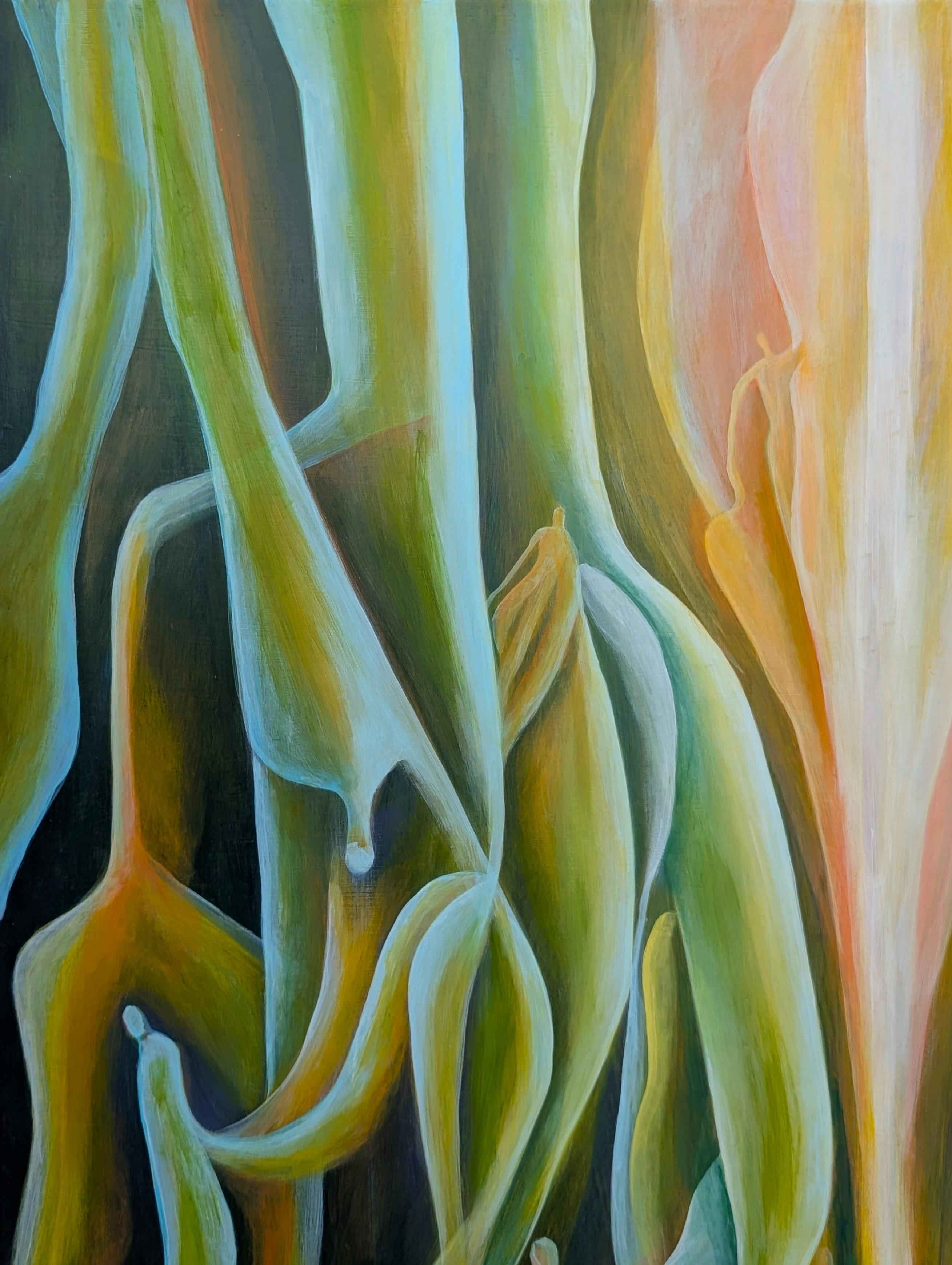 Zeitgenössisches abstraktes Ölgemälde in Grün- und Gelbtönen mit botanischem Hintergrund (Geometrische Abstraktion), Painting, von Julián Sierra