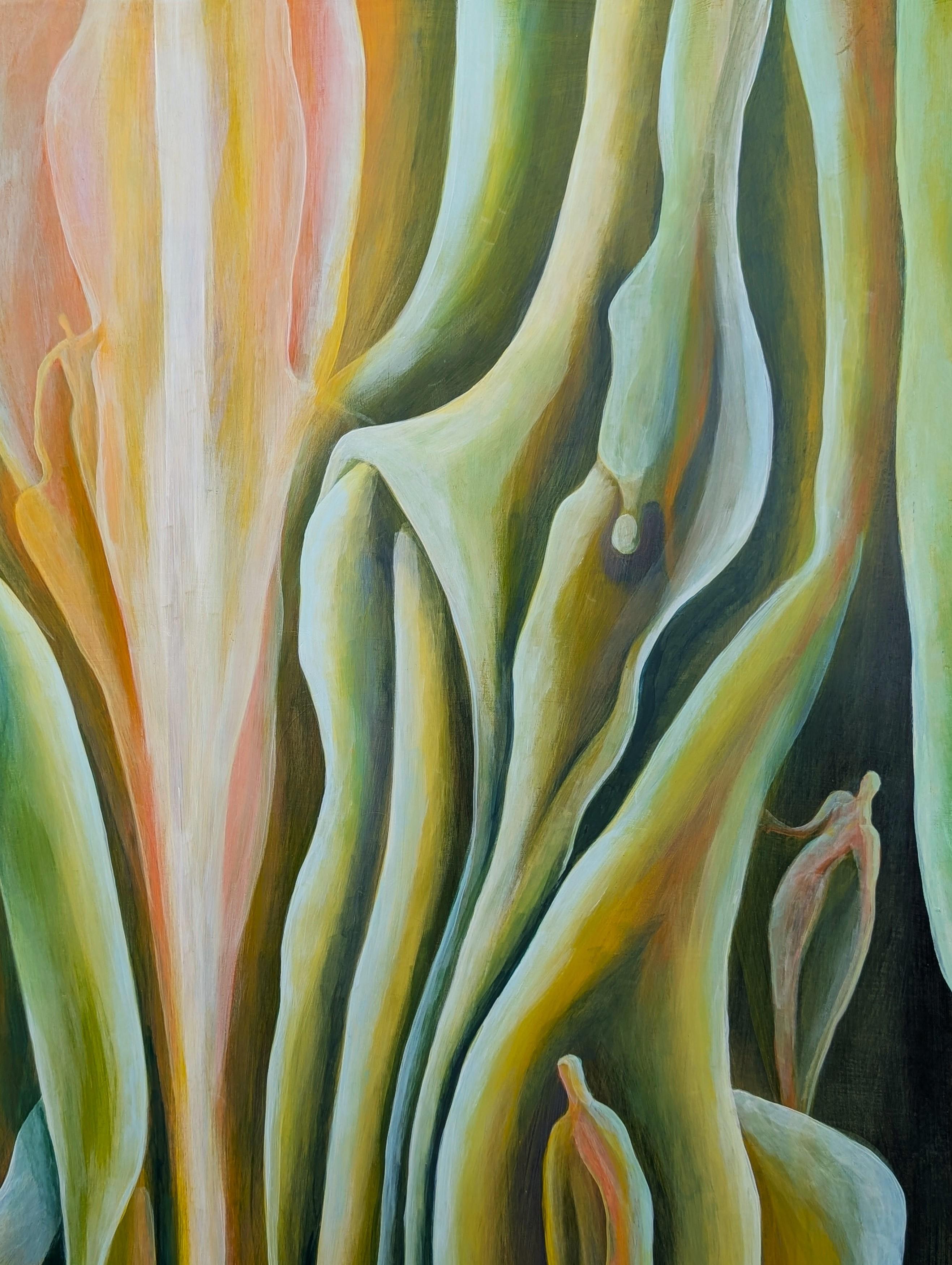 Zeitgenössisches abstraktes Ölgem�älde in Grün- und Gelbtönen mit botanischem Hintergrund (Grau), Abstract Painting, von Julián Sierra