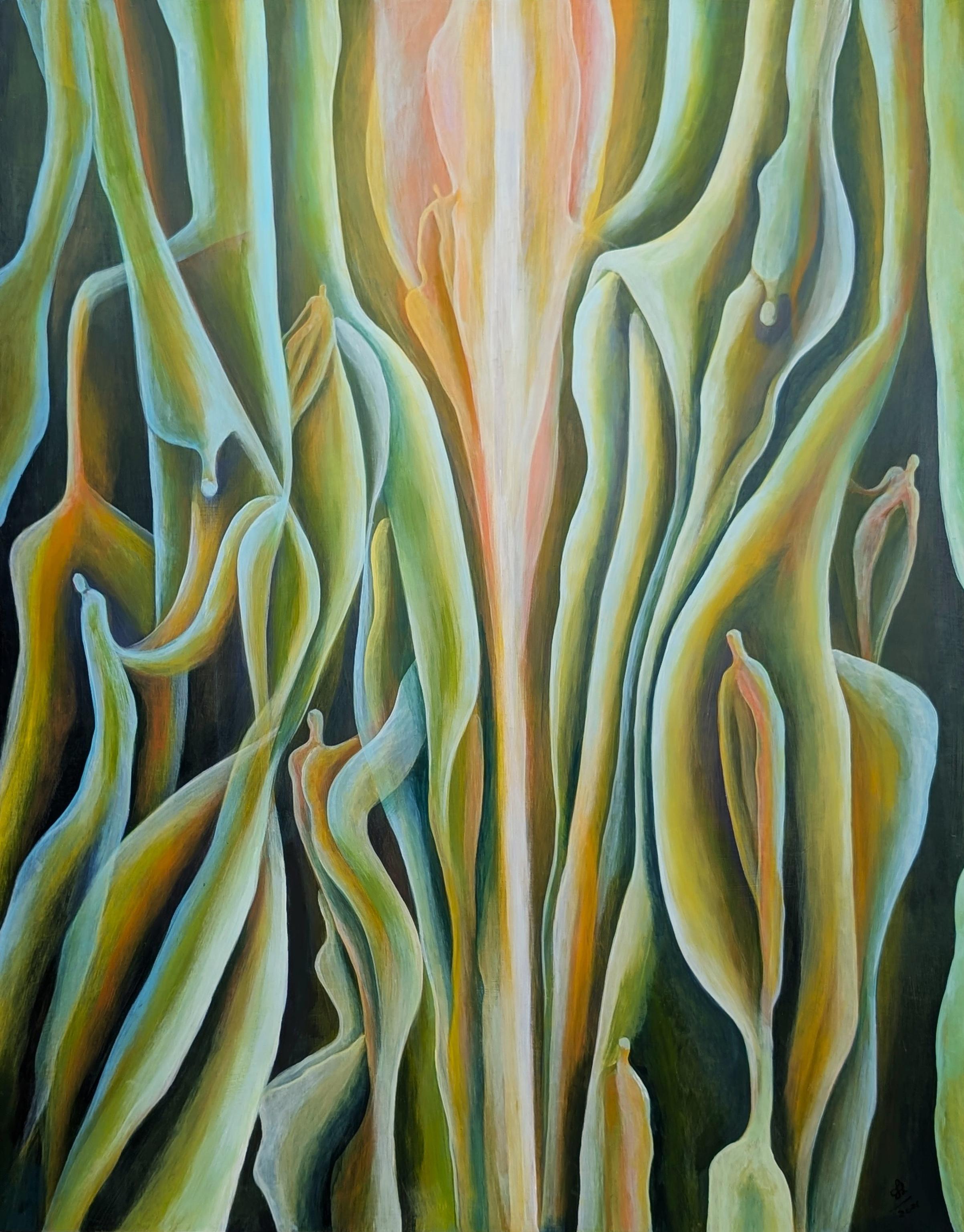 Julián Sierra Abstract Painting – Zeitgenössisches abstraktes Ölgemälde in Grün- und Gelbtönen mit botanischem Hintergrund