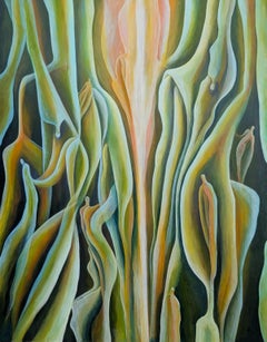 Contemporary Green and Yellow Toned Organic Botanical Abstract Oil Painting