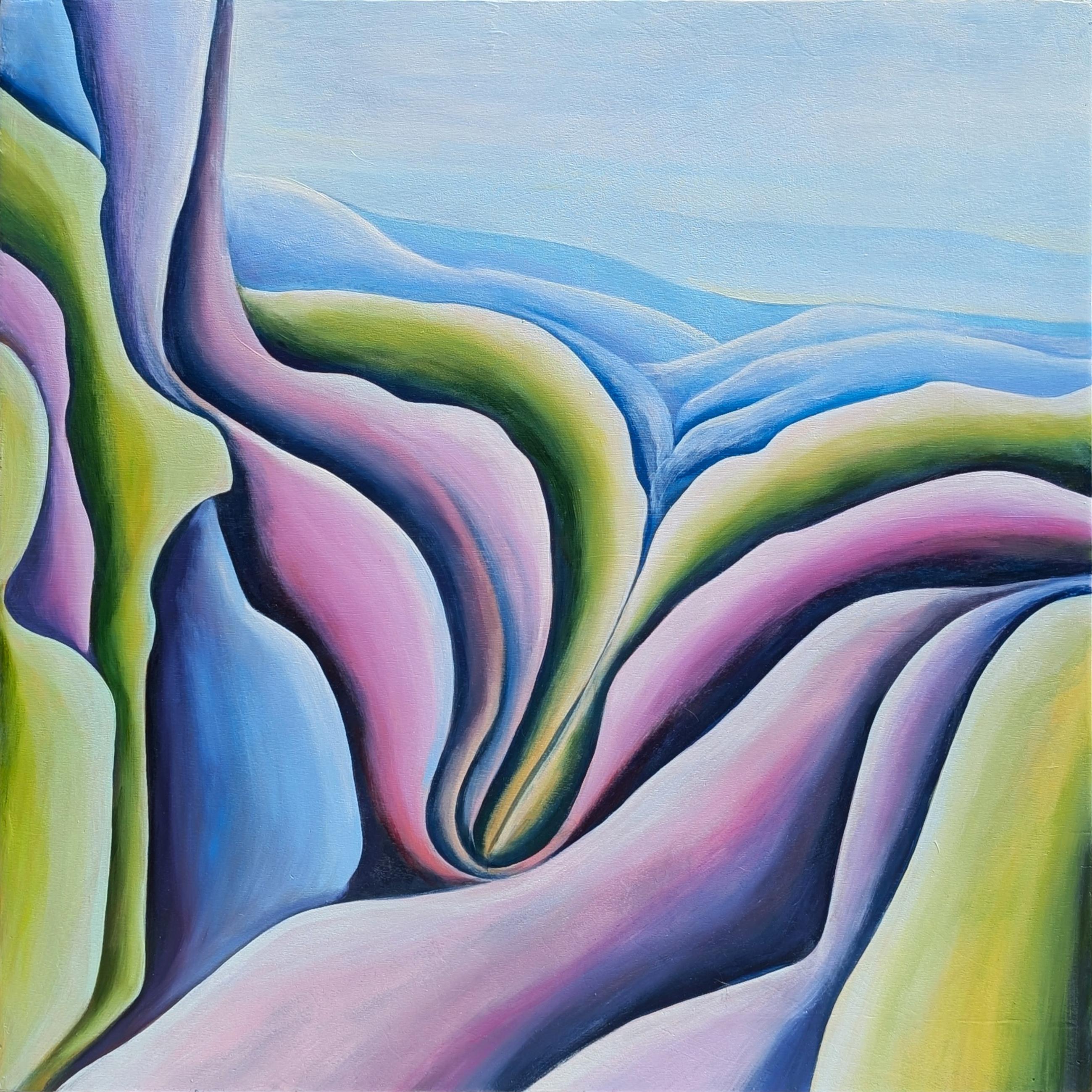 Pintura al óleo díptica contemporánea de paisaje abstracto en tonos verdes, azules y morados en venta 6