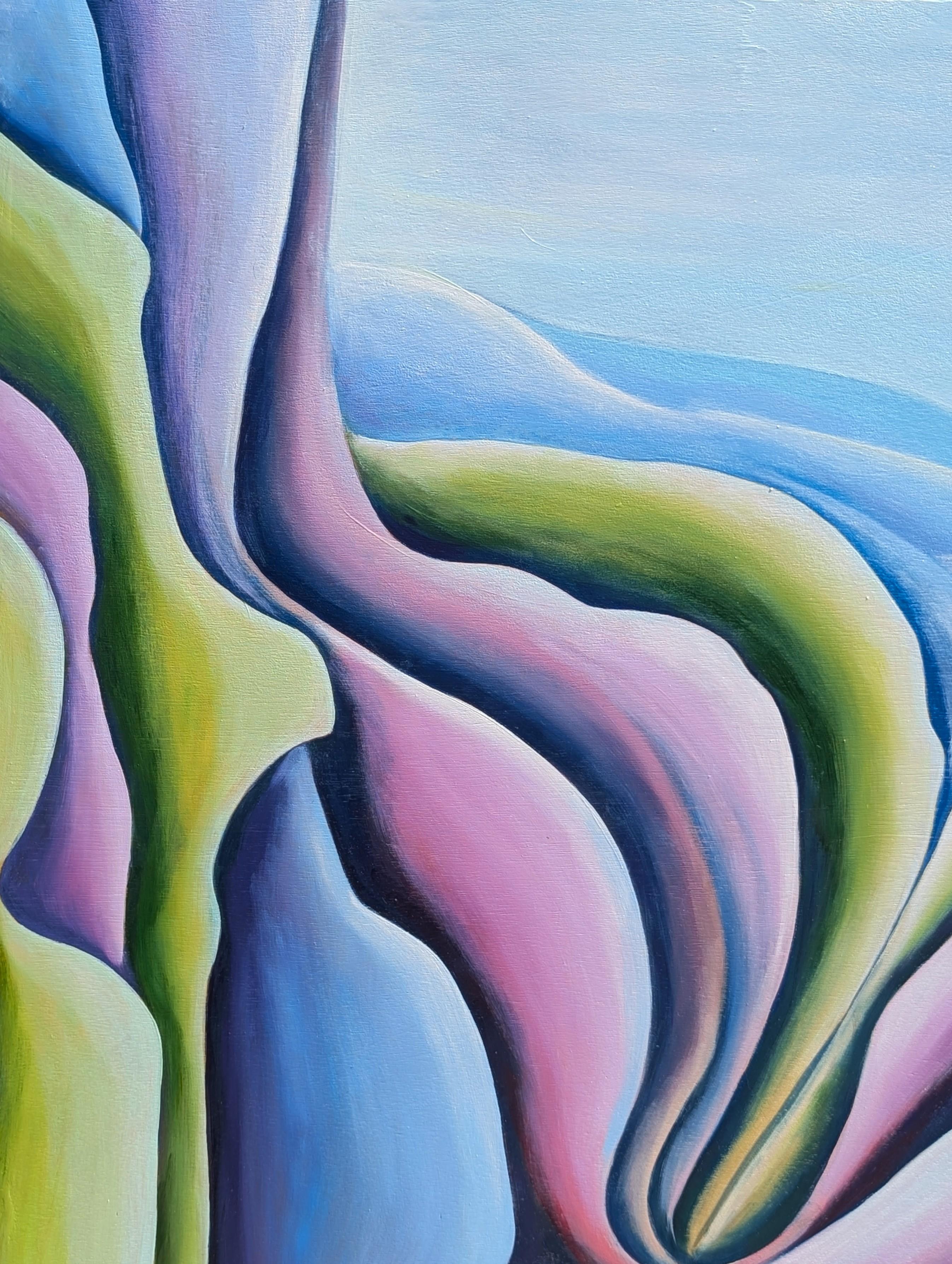 Pintura al óleo díptica contemporánea de paisaje abstracto en tonos verdes, azules y morados en venta 7