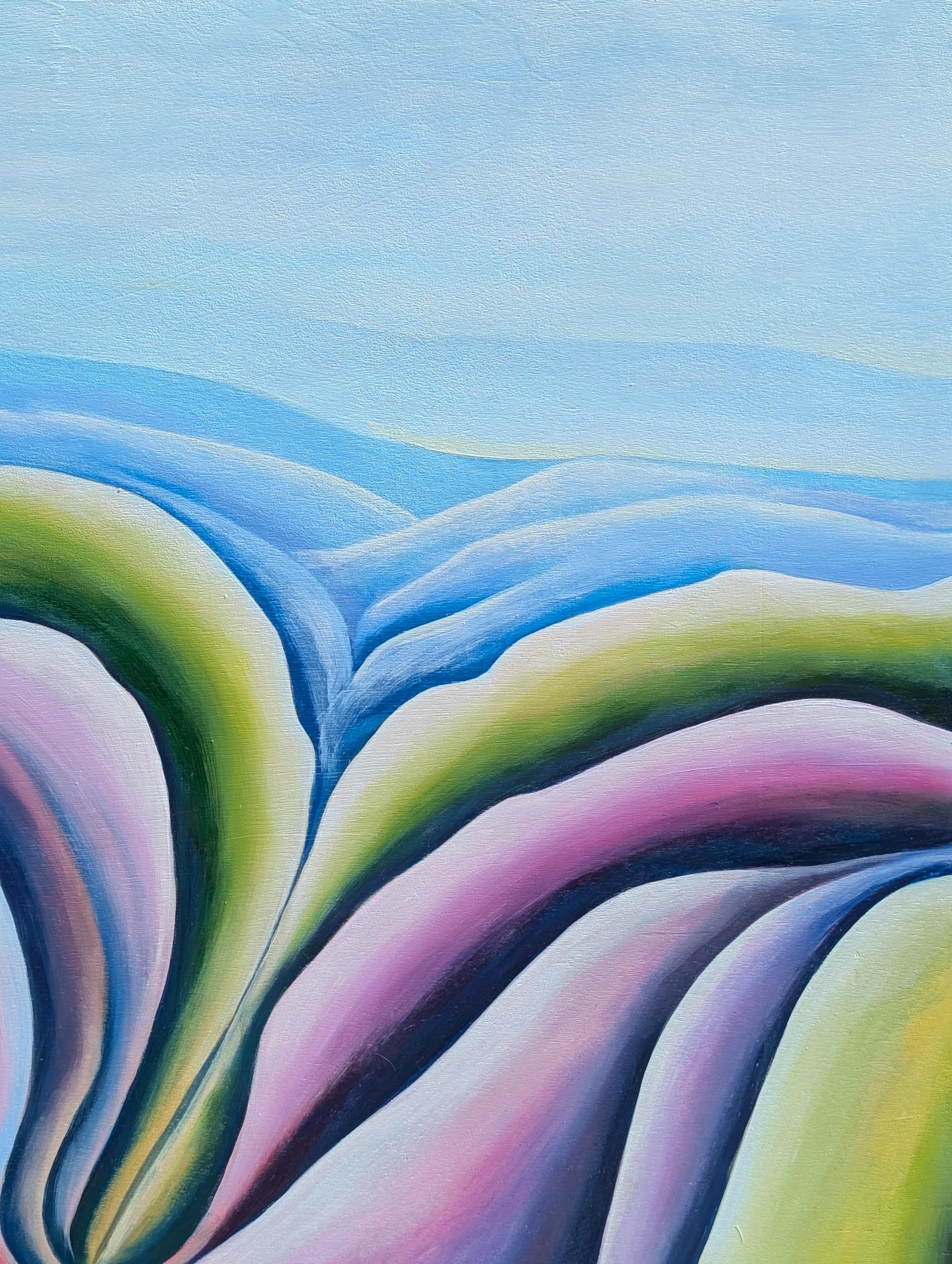 Pintura al óleo díptica contemporánea de paisaje abstracto en tonos verdes, azules y morados en venta 8