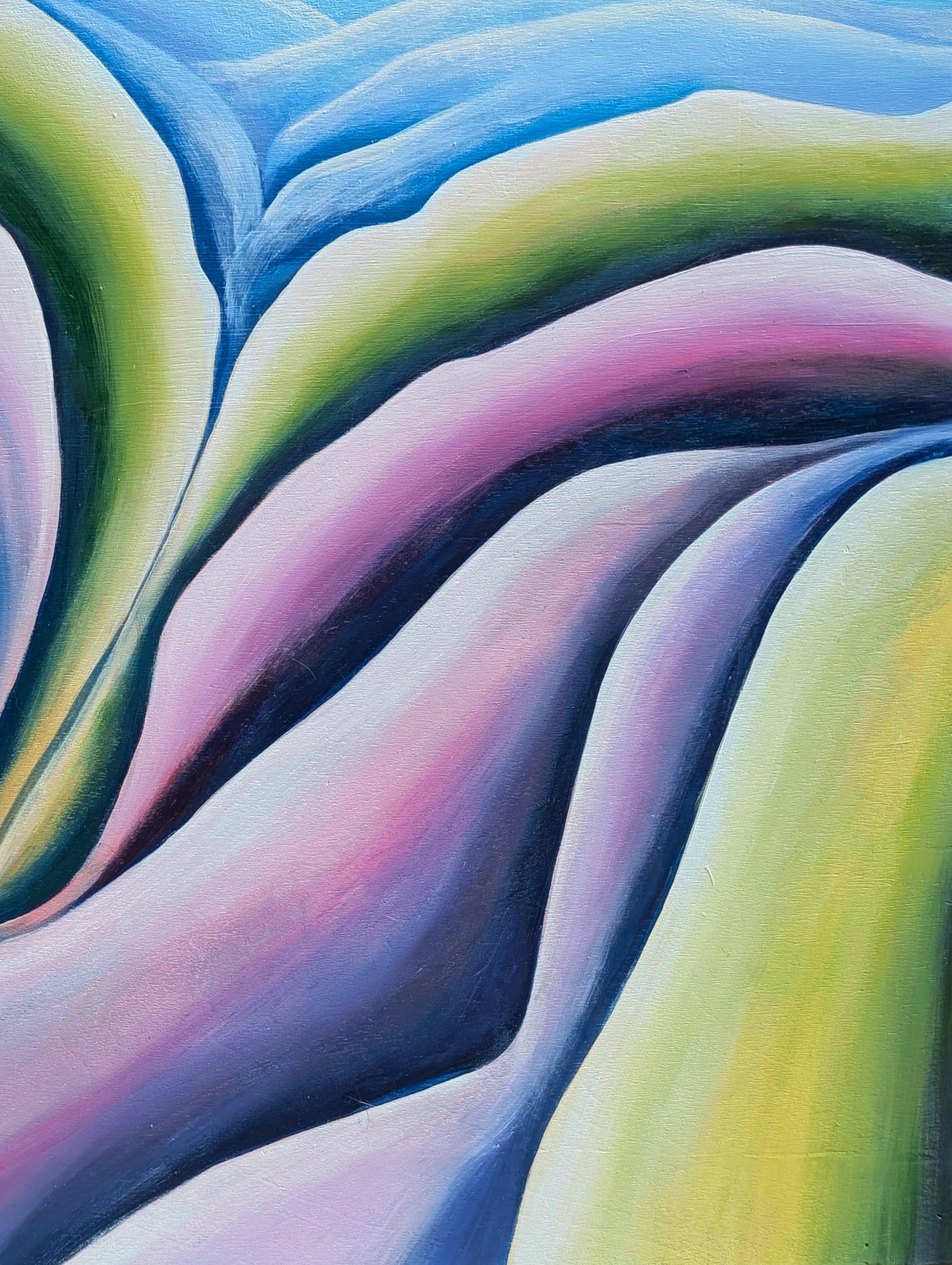 Pintura al óleo díptica contemporánea de paisaje abstracto en tonos verdes, azules y morados en venta 9