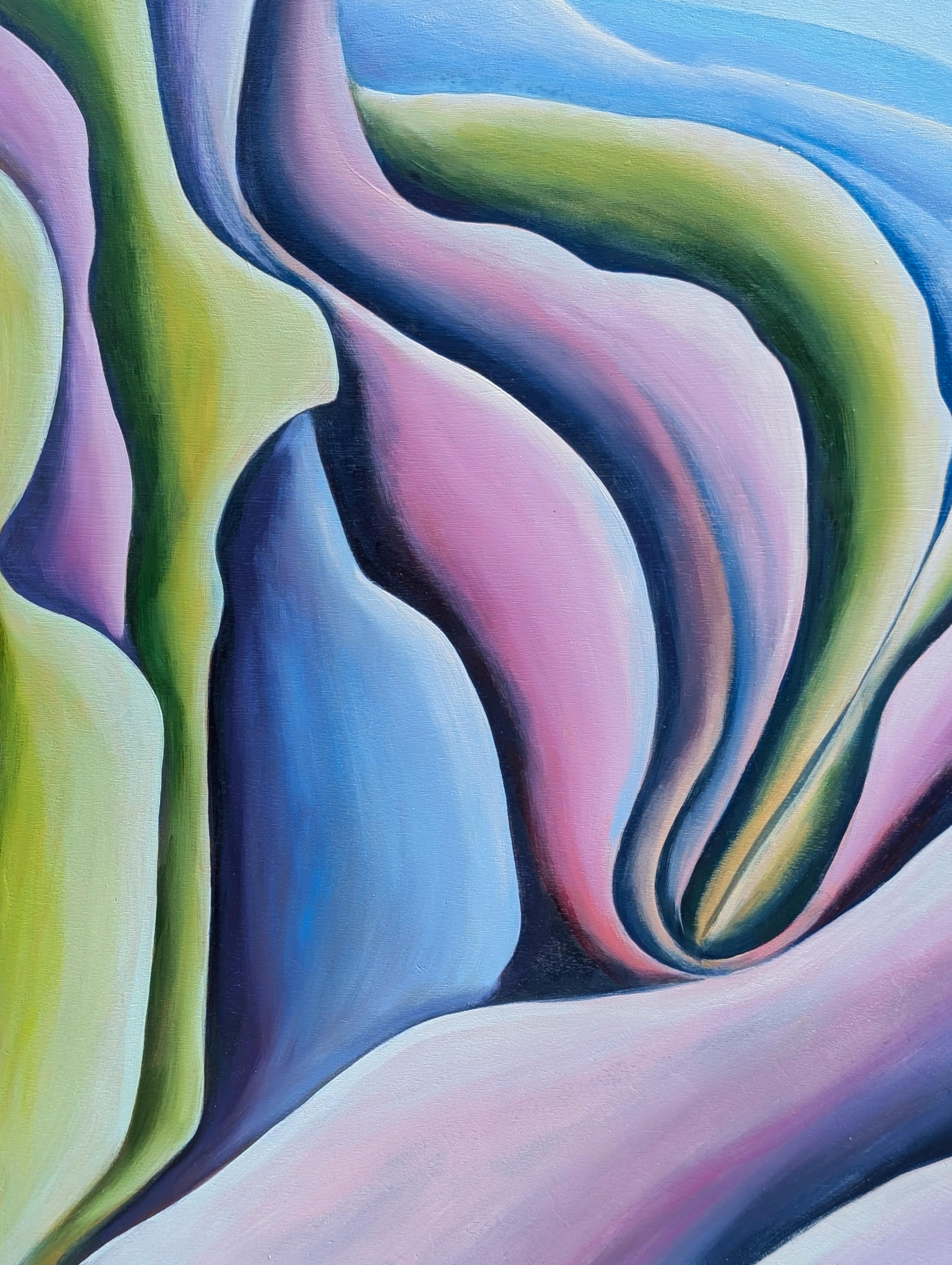 Pintura al óleo díptica contemporánea de paisaje abstracto en tonos verdes, azules y morados en venta 10