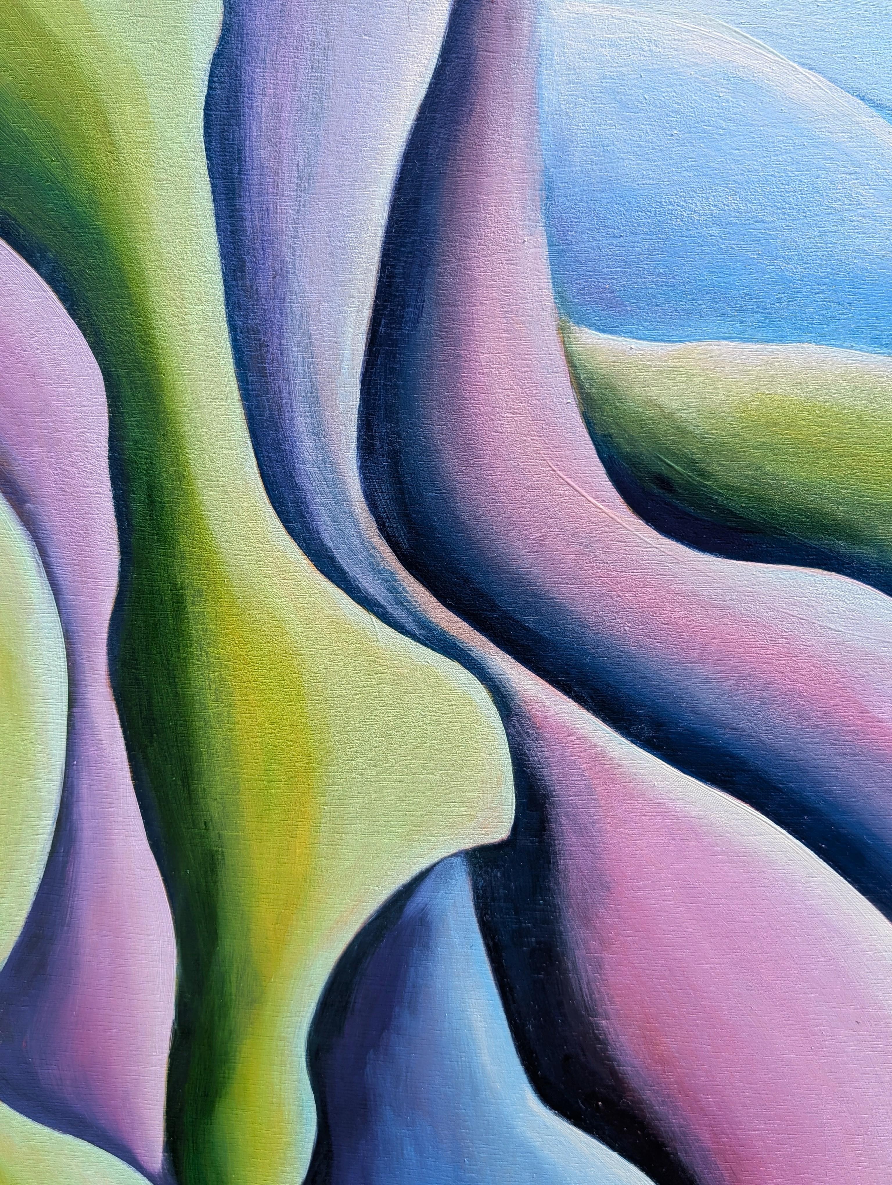 Pintura al óleo díptica contemporánea de paisaje abstracto en tonos verdes, azules y morados en venta 11