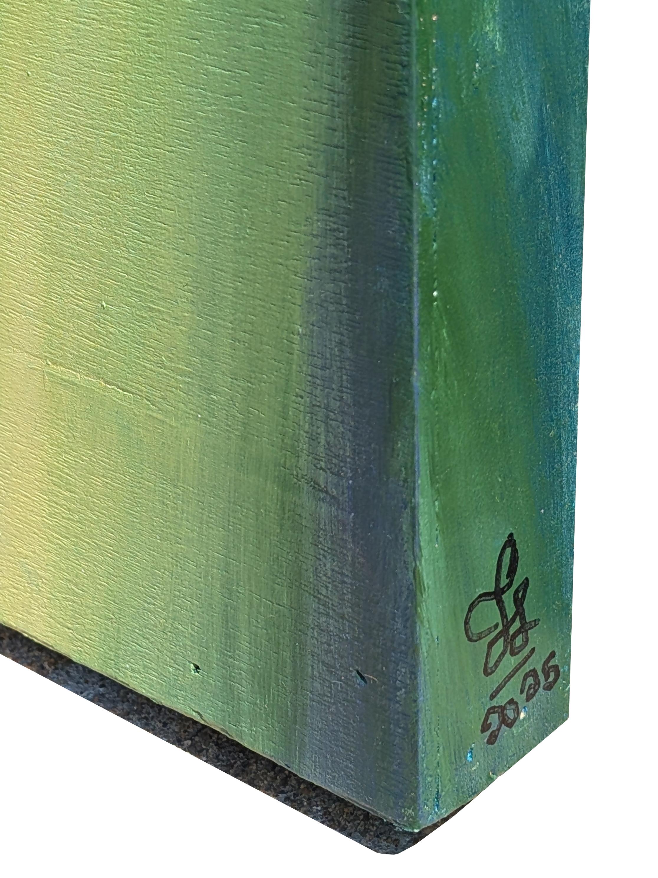 Pintura al óleo díptica contemporánea de paisaje abstracto en tonos verdes, azules y morados en venta 13