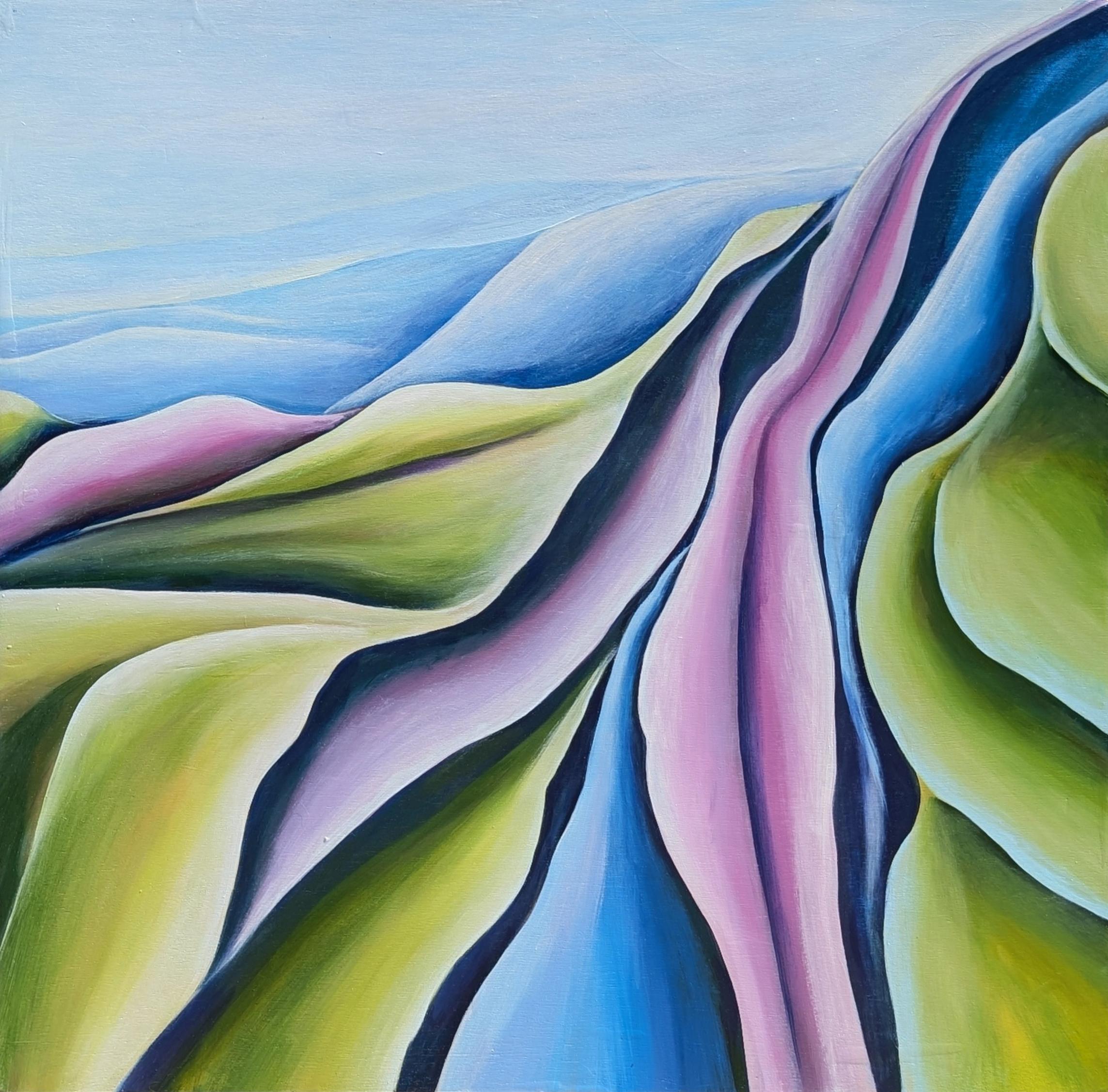 Pintura al óleo díptica contemporánea de paisaje abstracto en tonos verdes, azules y morados - Painting de Julián Sierra