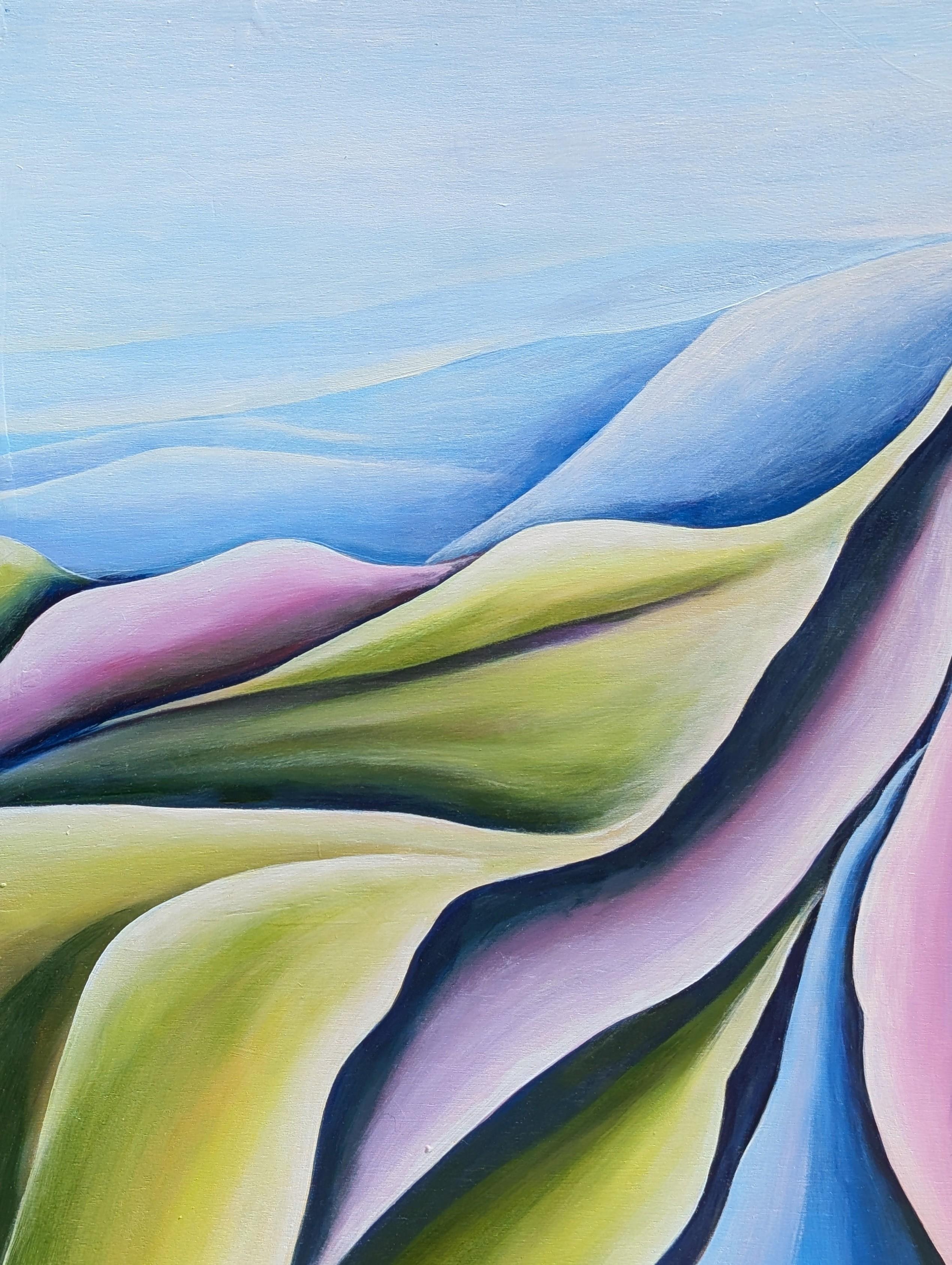 Pintura al óleo díptica contemporánea de paisaje abstracto en tonos verdes, azules y morados - Painting Contemporáneo de Julián Sierra