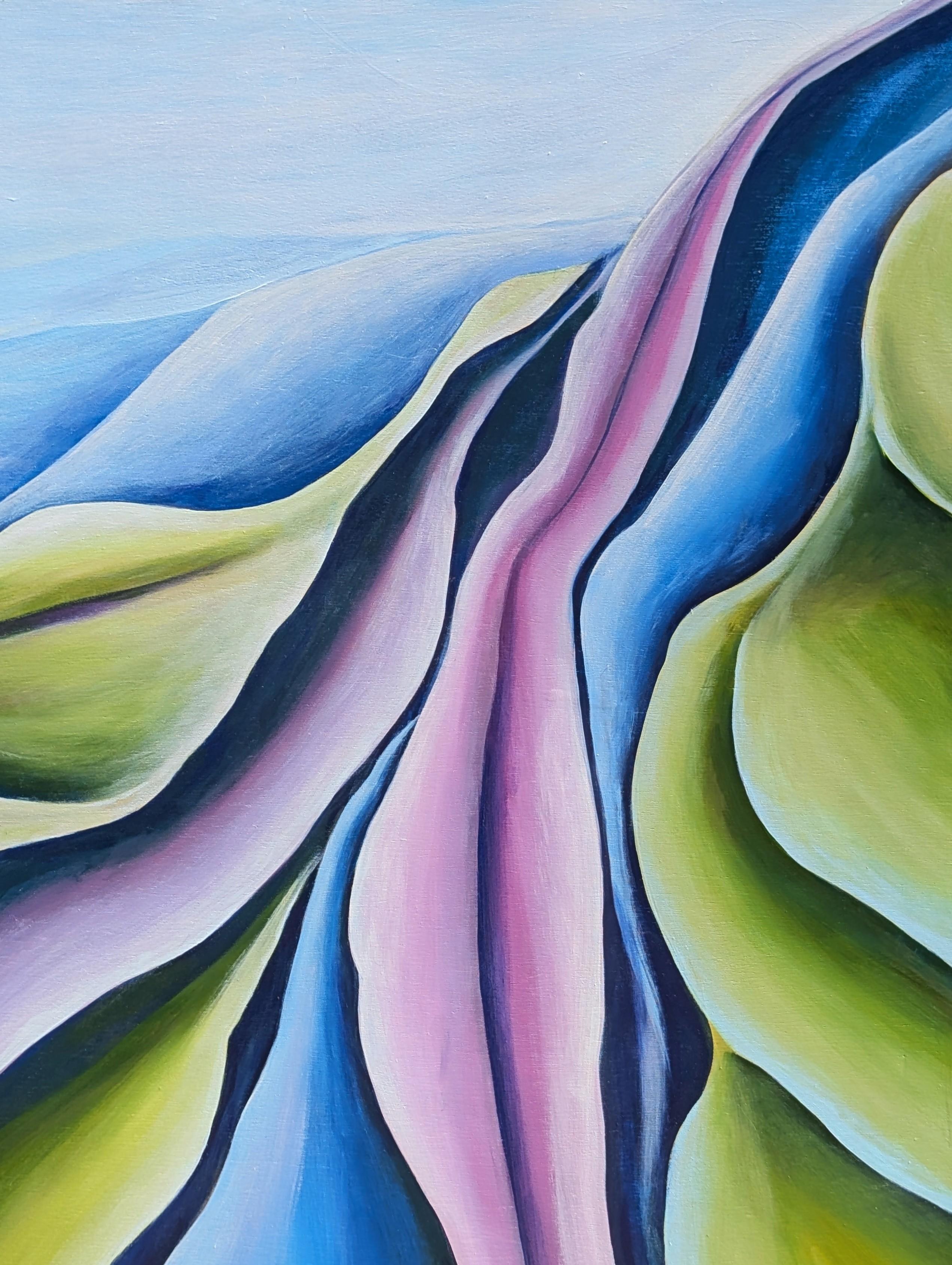 Pintura al óleo díptica contemporánea de paisaje abstracto en tonos verdes, azules y morados - Abstract Painting Gris de Julián Sierra