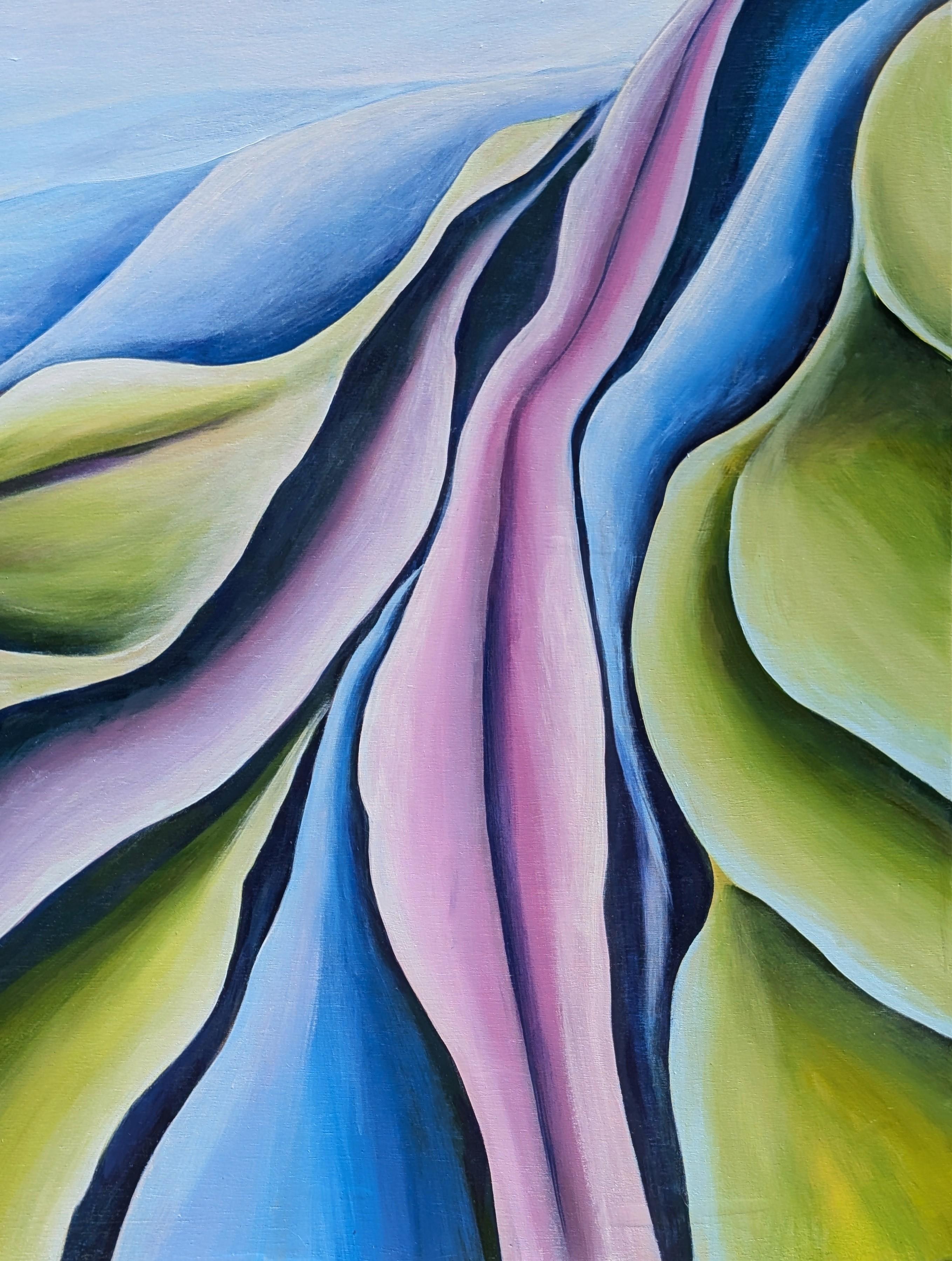 Paisaje abstracto contemporáneo verde, azul y morado pintado por Julián Sierra, artista residente en Houston. La obra presenta bloques de color de bordes limpios que ondulan a través de un campo abstracto que se asemeja a un paisaje montañoso.