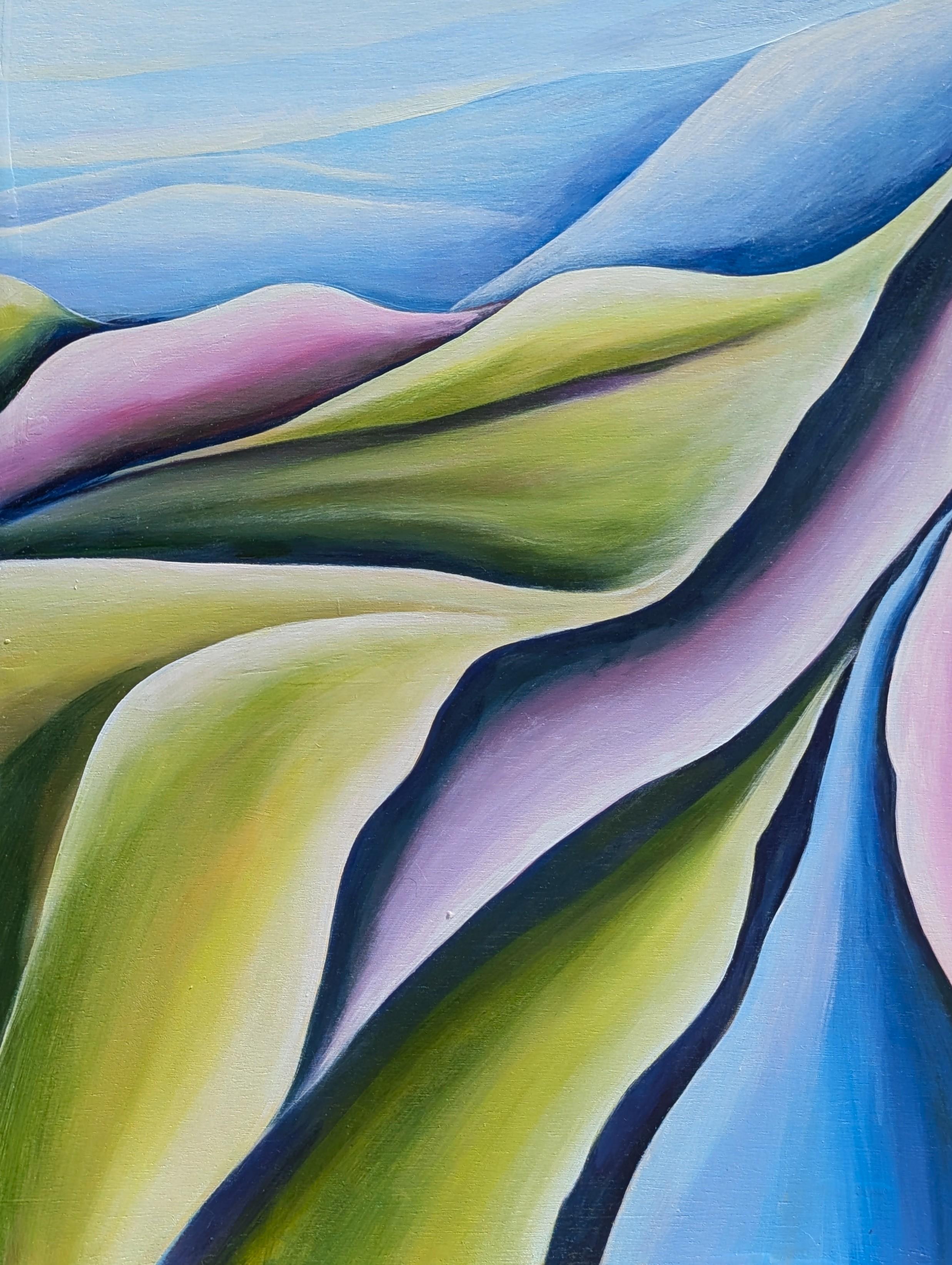 Pintura al óleo díptica contemporánea de paisaje abstracto en tonos verdes, azules y morados en venta 1