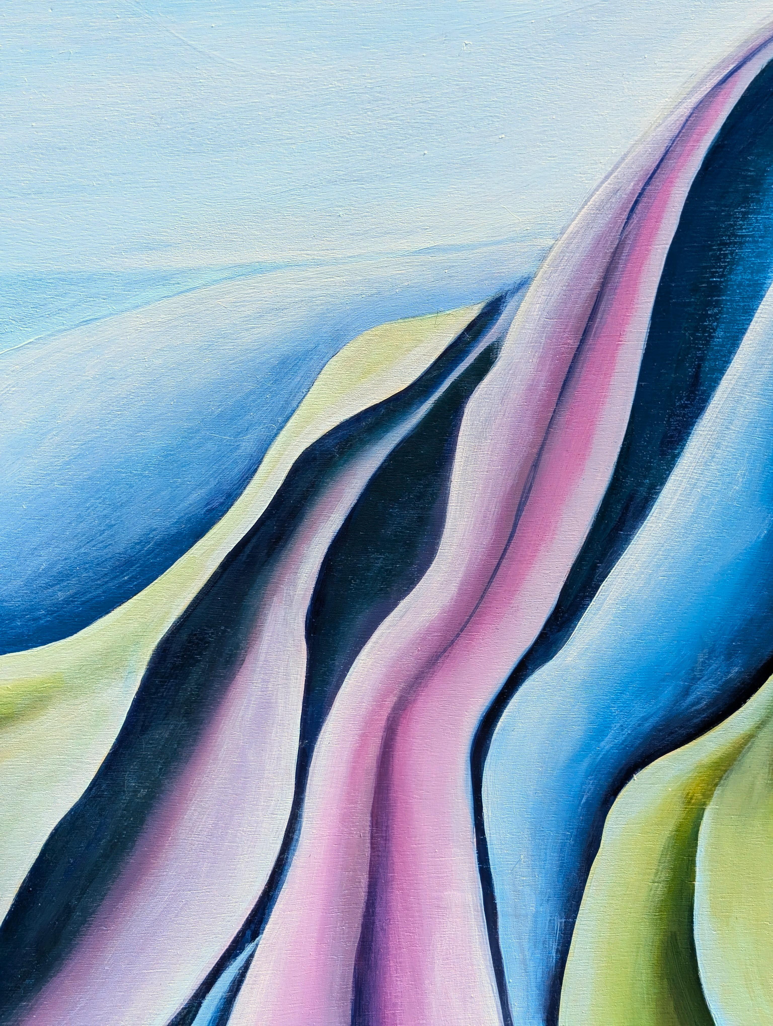 Pintura al óleo díptica contemporánea de paisaje abstracto en tonos verdes, azules y morados en venta 2