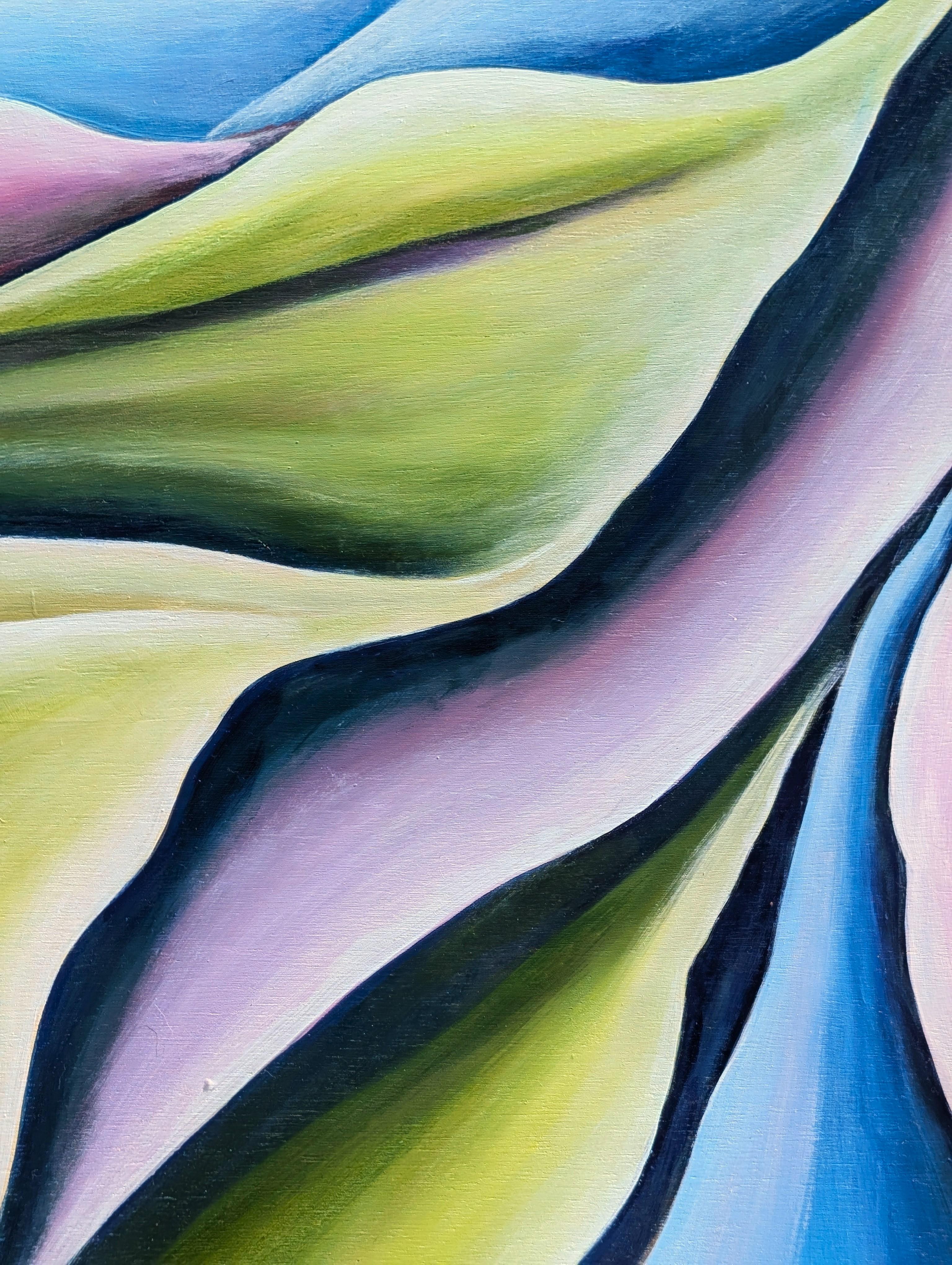 Pintura al óleo díptica contemporánea de paisaje abstracto en tonos verdes, azules y morados en venta 3