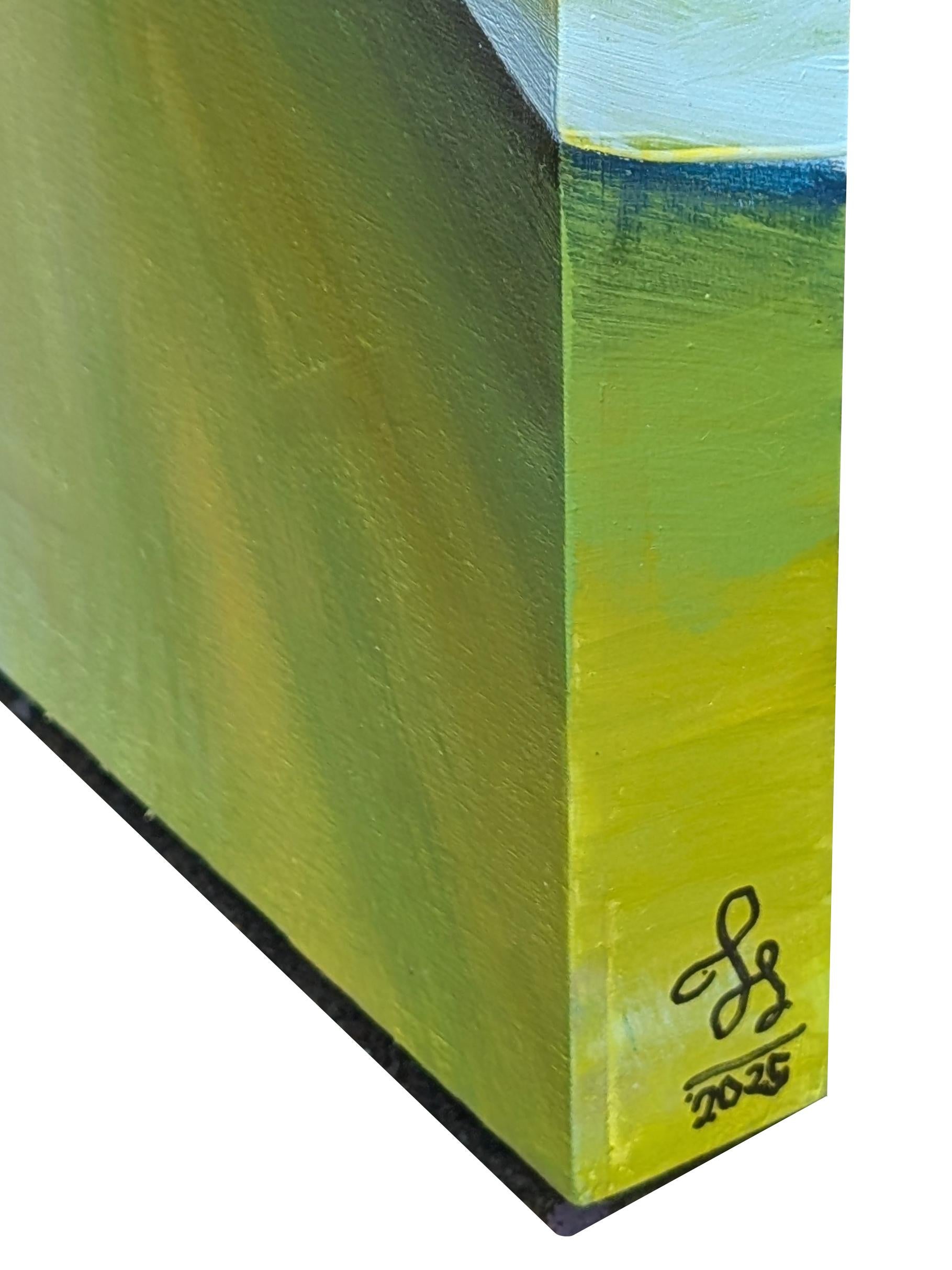 Pintura al óleo díptica contemporánea de paisaje abstracto en tonos verdes, azules y morados en venta 4