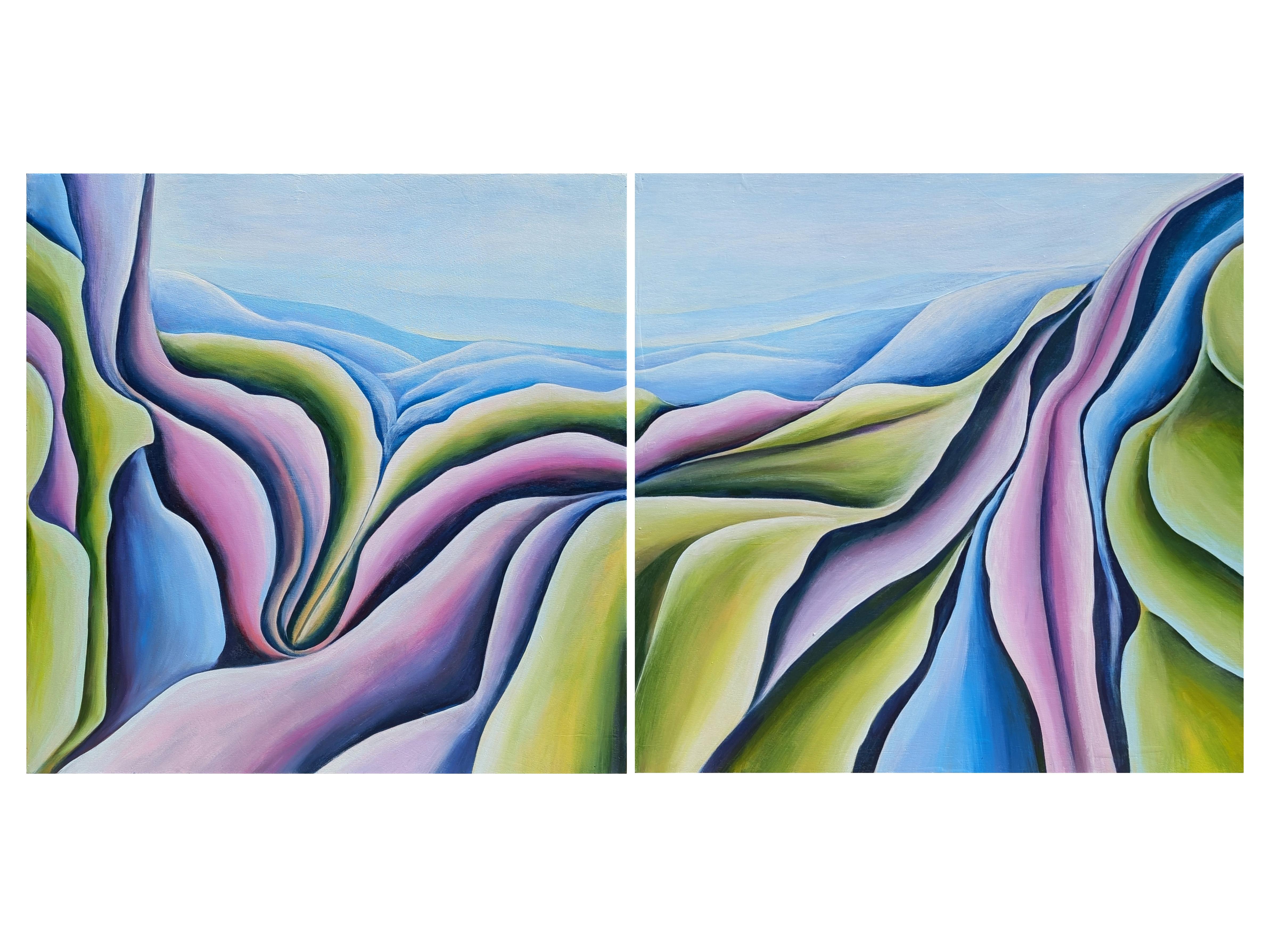 Abstract Painting de Julián Sierra - Pintura al óleo díptica contemporánea de paisaje abstracto en tonos verdes, azules y morados