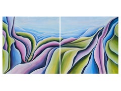Zeitgenössische grün, blau und lila getönte abstrakte Landschaft Diptychon Ölgemälde