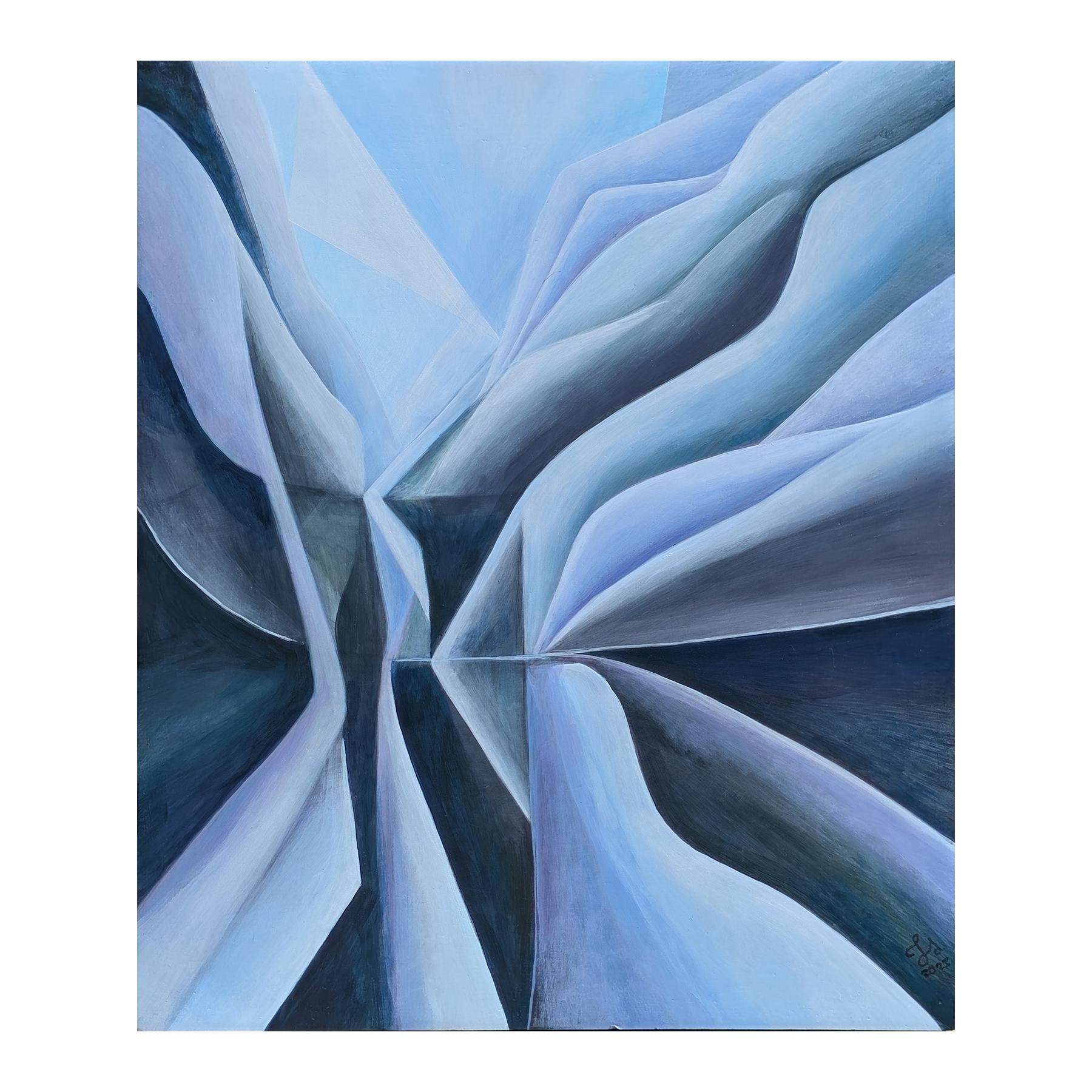 Zeitgenössische Pastell Blau und Lila getönten geometrischen abstrakten Ölgemälde – Painting von Julián Sierra