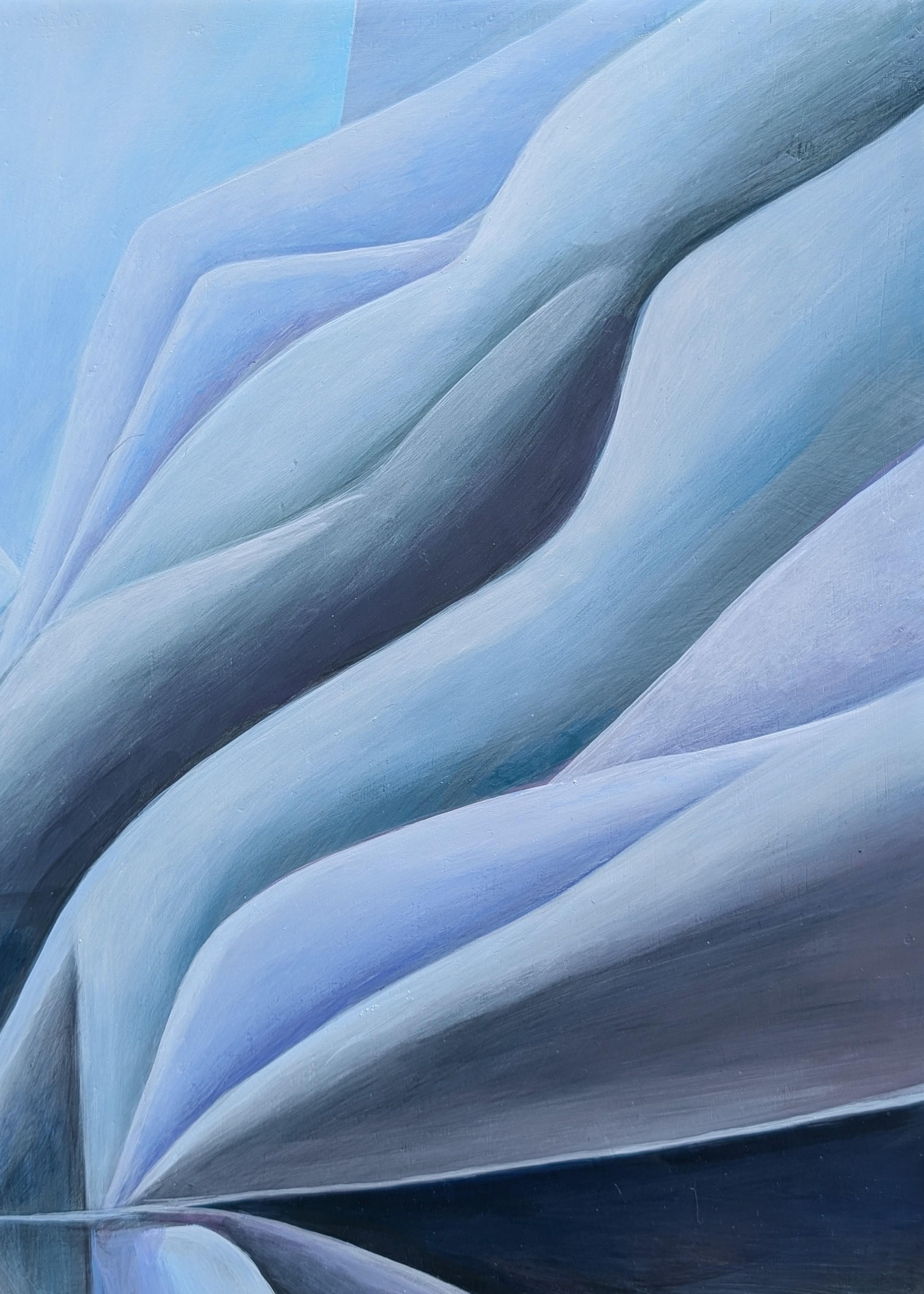 Zeitgenössisches abstraktes geometrisches Gemälde in Pastellblau und Violett des in Houston lebenden Künstlers Julián Sierra. Das Werk zeigt klar umrissene Farbblöcke, die sich wellenförmig durch ein abstraktes Feld ziehen, das an botanische Formen
