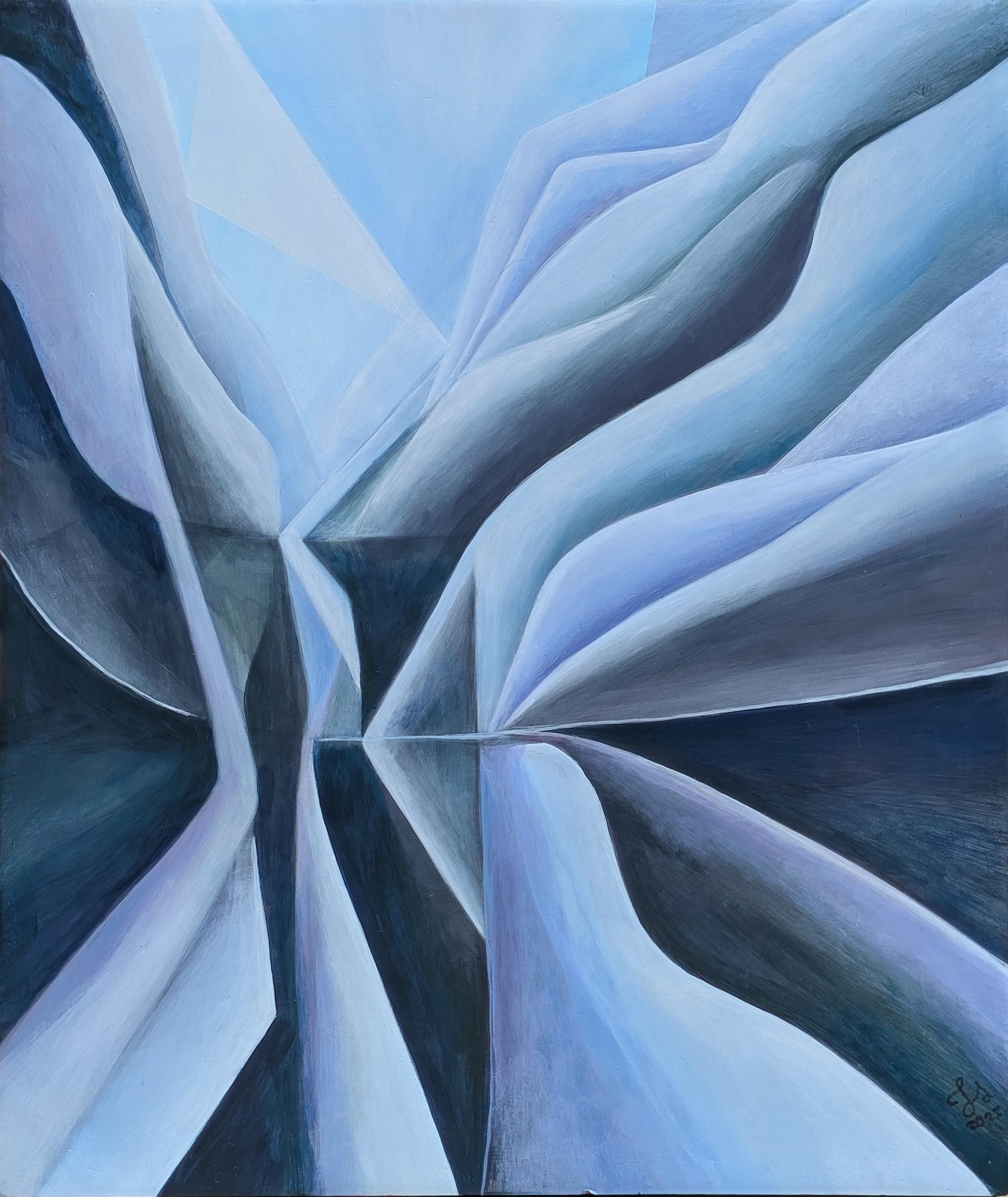 Contemporary Pastel Blue and Purple Toned Geometric Abstract Oil Painting