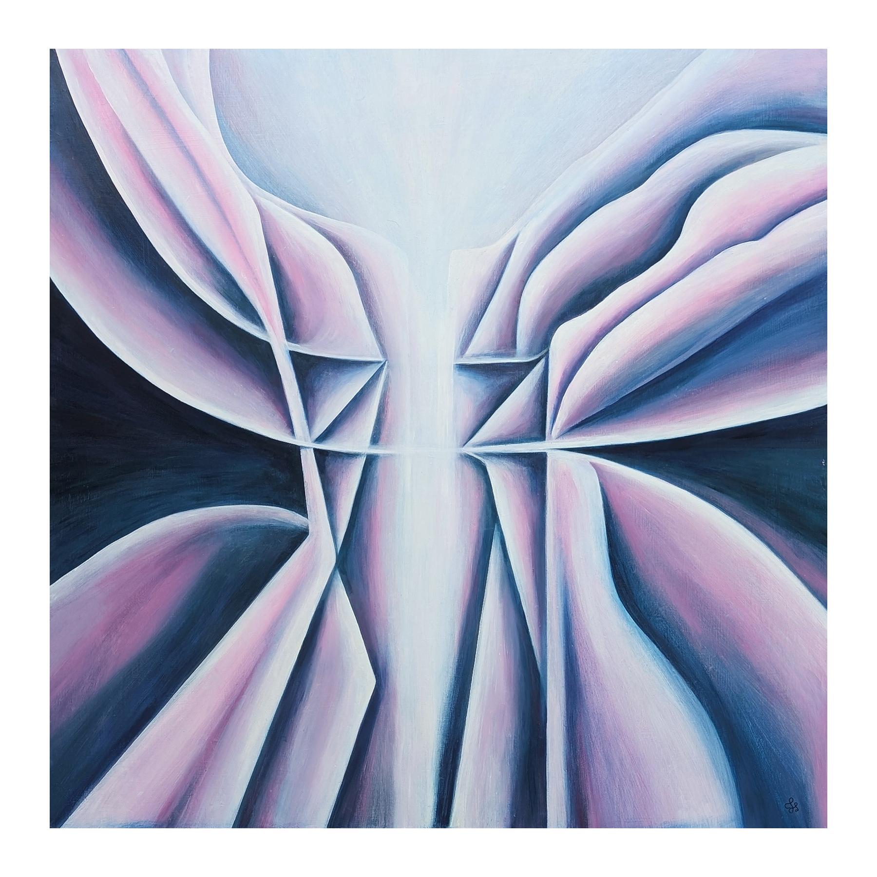 Zeitgenössisches Pastell lila und marineblau getöntes geometrisches abstraktes Ölgemälde – Painting von Julián Sierra