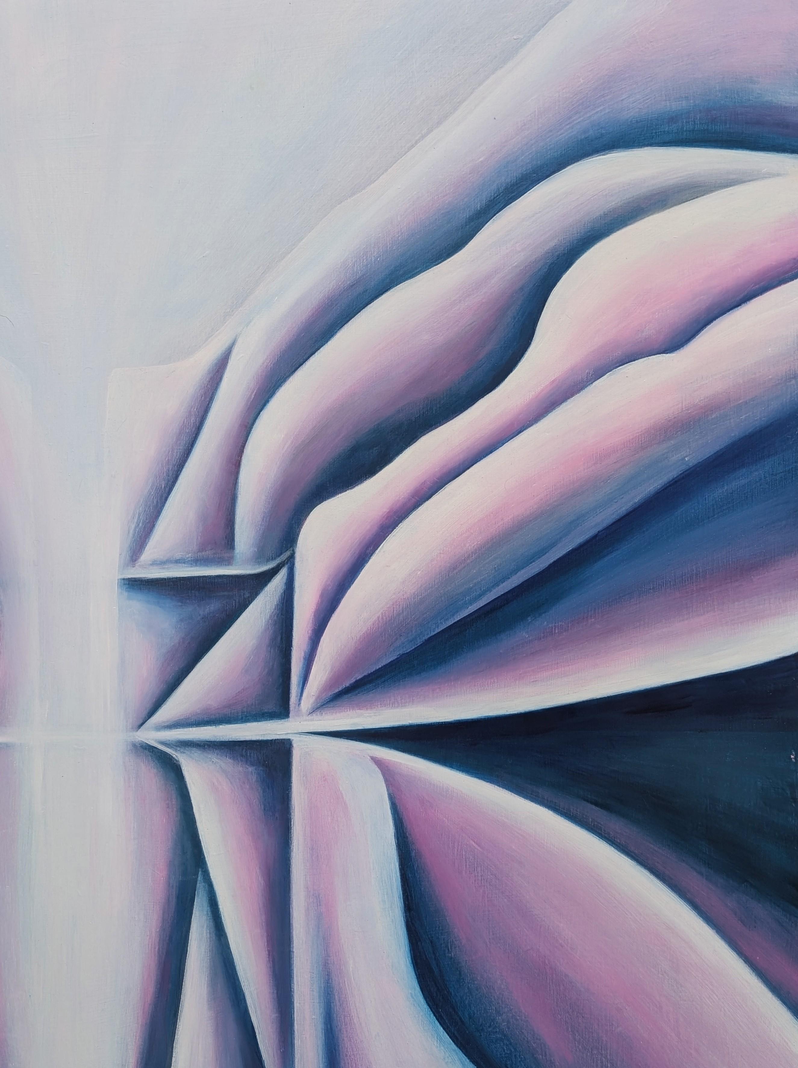 Zeitgenössisches Pastell lila und marineblau getöntes geometrisches abstraktes Ölgemälde (Violett), Landscape Painting, von Julián Sierra