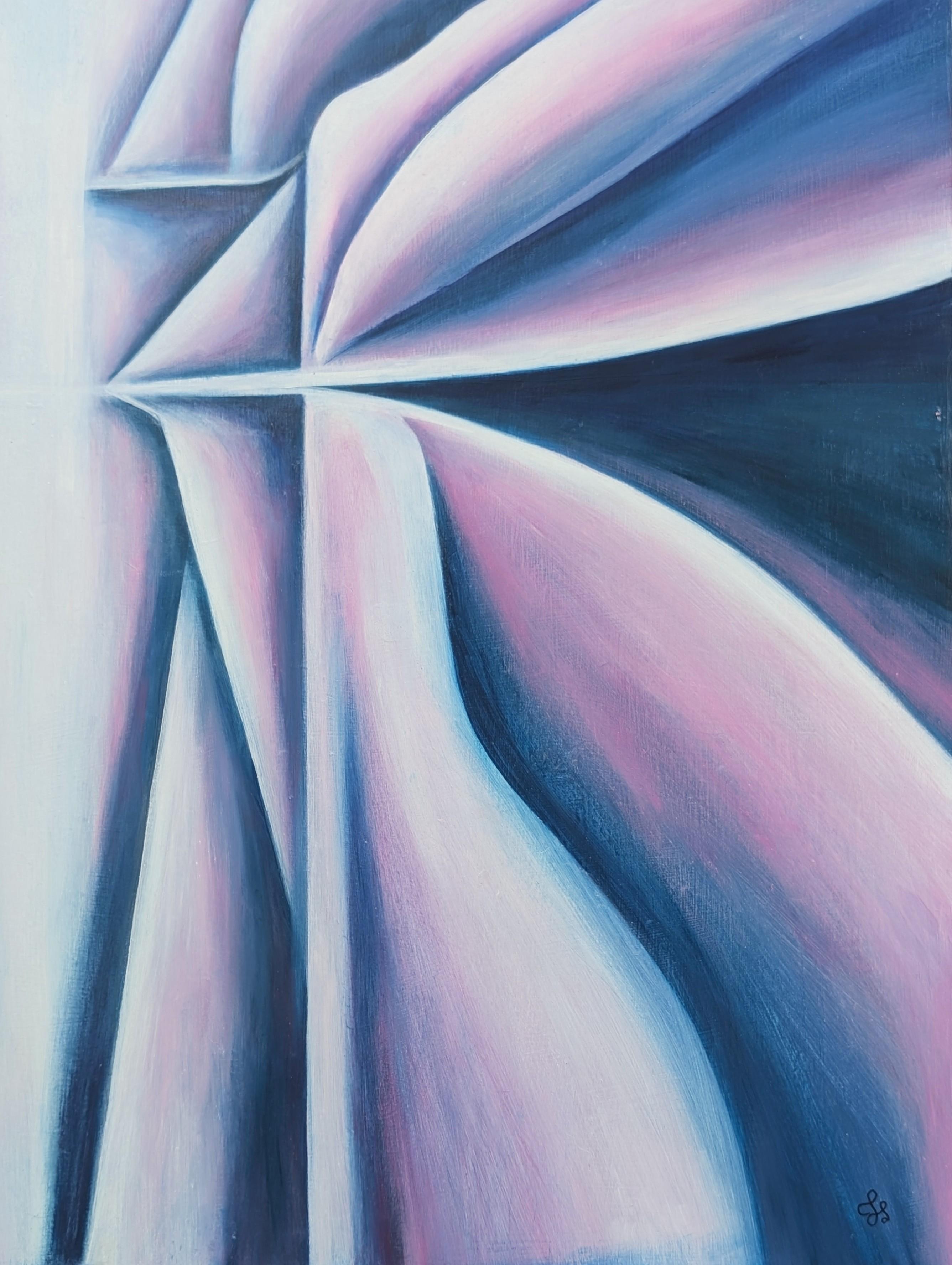 Zeitgenössisches abstraktes geometrisches Gemälde in lila und marineblauem Pastell des in Houston lebenden Künstlers Julián Sierra. Das Werk zeigt klar umrissene Farbblöcke, die sich wellenförmig durch ein abstraktes Feld ziehen, das an botanische