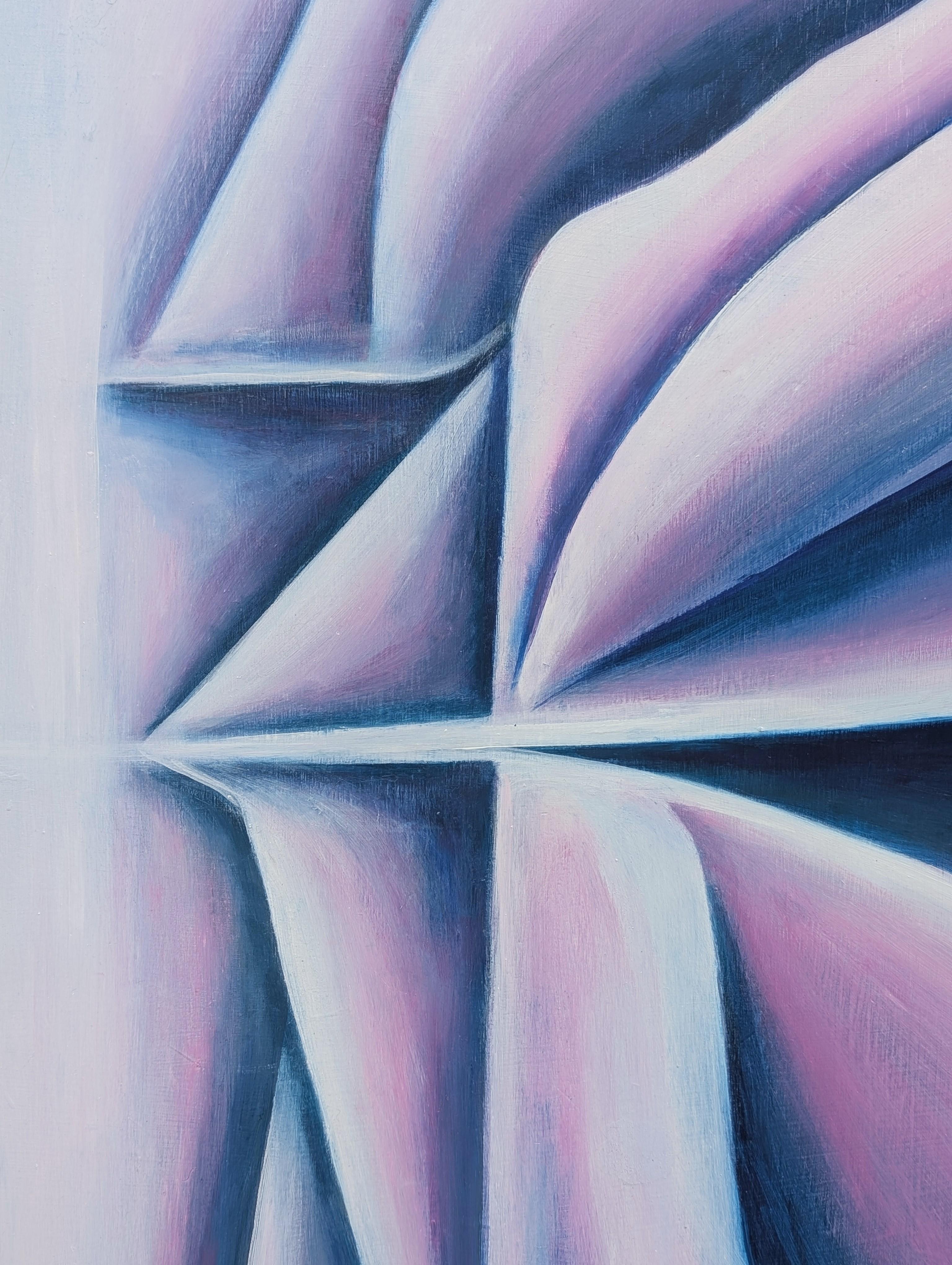 Zeitgenössisches Pastell lila und marineblau getöntes geometrisches abstraktes Ölgemälde im Angebot 3