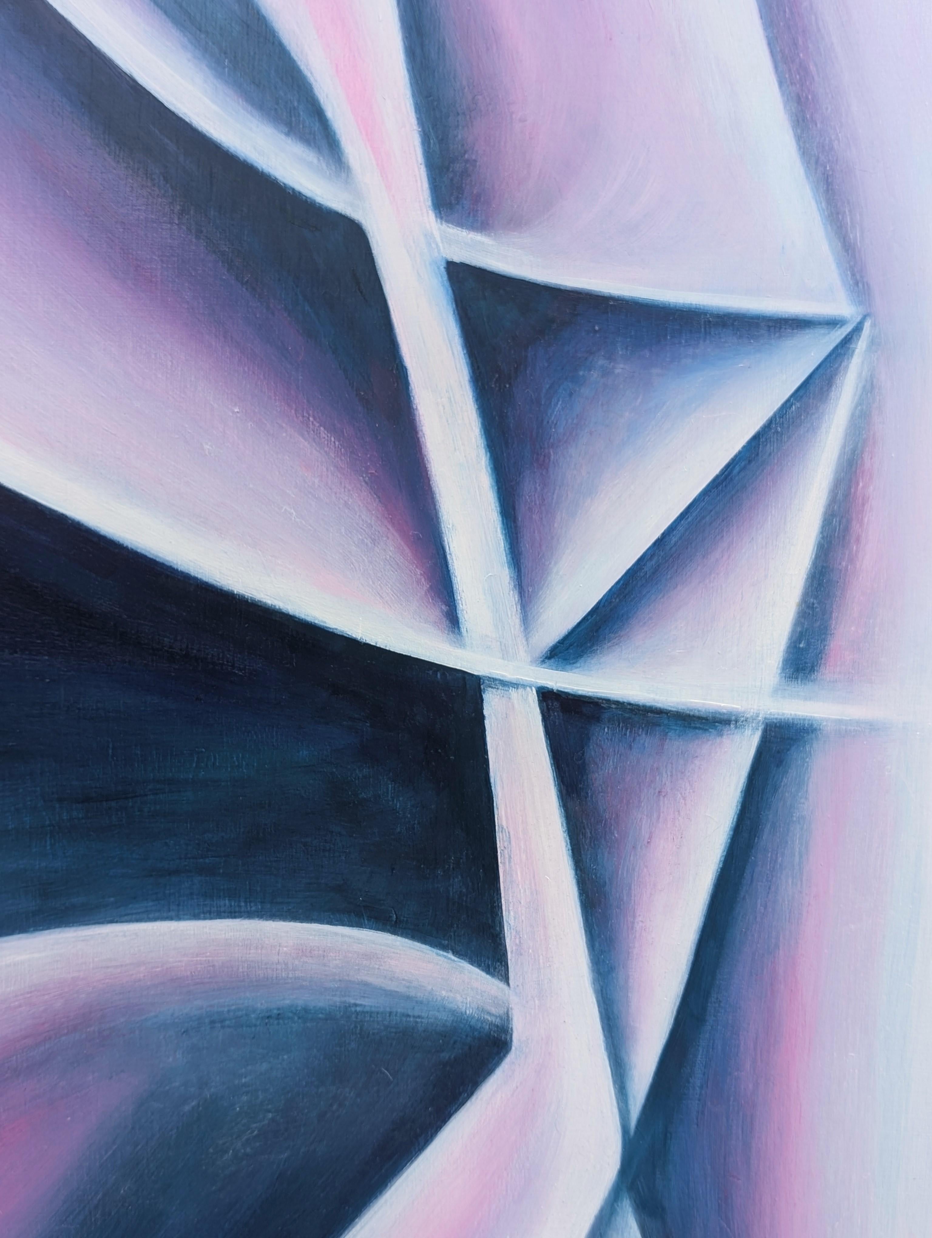 Zeitgenössisches Pastell lila und marineblau getöntes geometrisches abstraktes Ölgemälde im Angebot 4