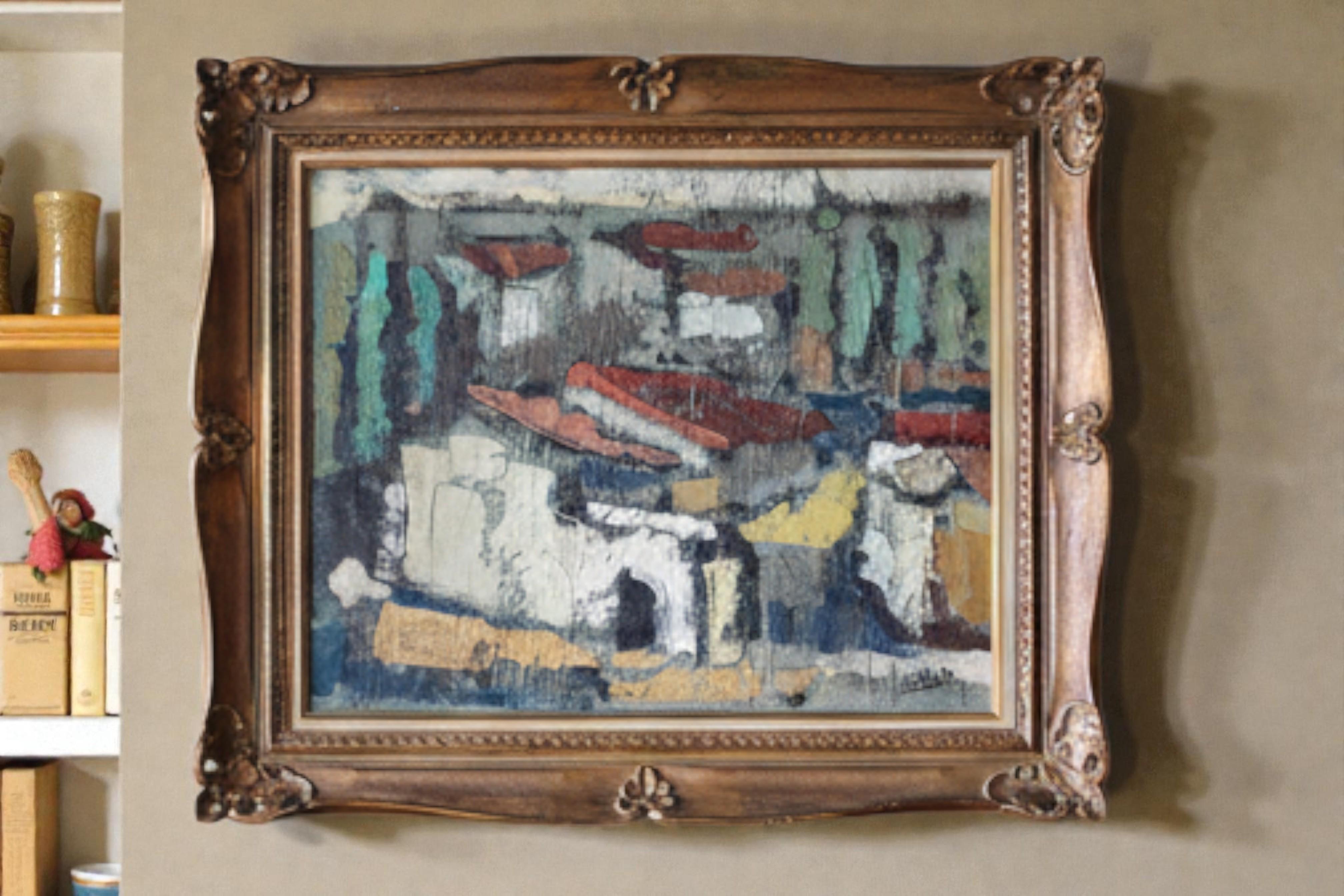 Großes Ölgemälde einer Häuserlandschaft des spanischen Künstlers Julián Ugarte Munozabal im Angebot 2