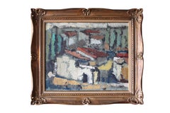 Gran óleo paisajístico de casas del artista español Julián Ugarte Munozabal