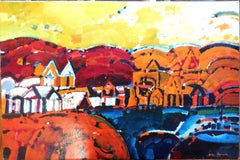 Peinture à l'huile cubiste moderniste et bétonniste argentine Paisaje de la Rioja