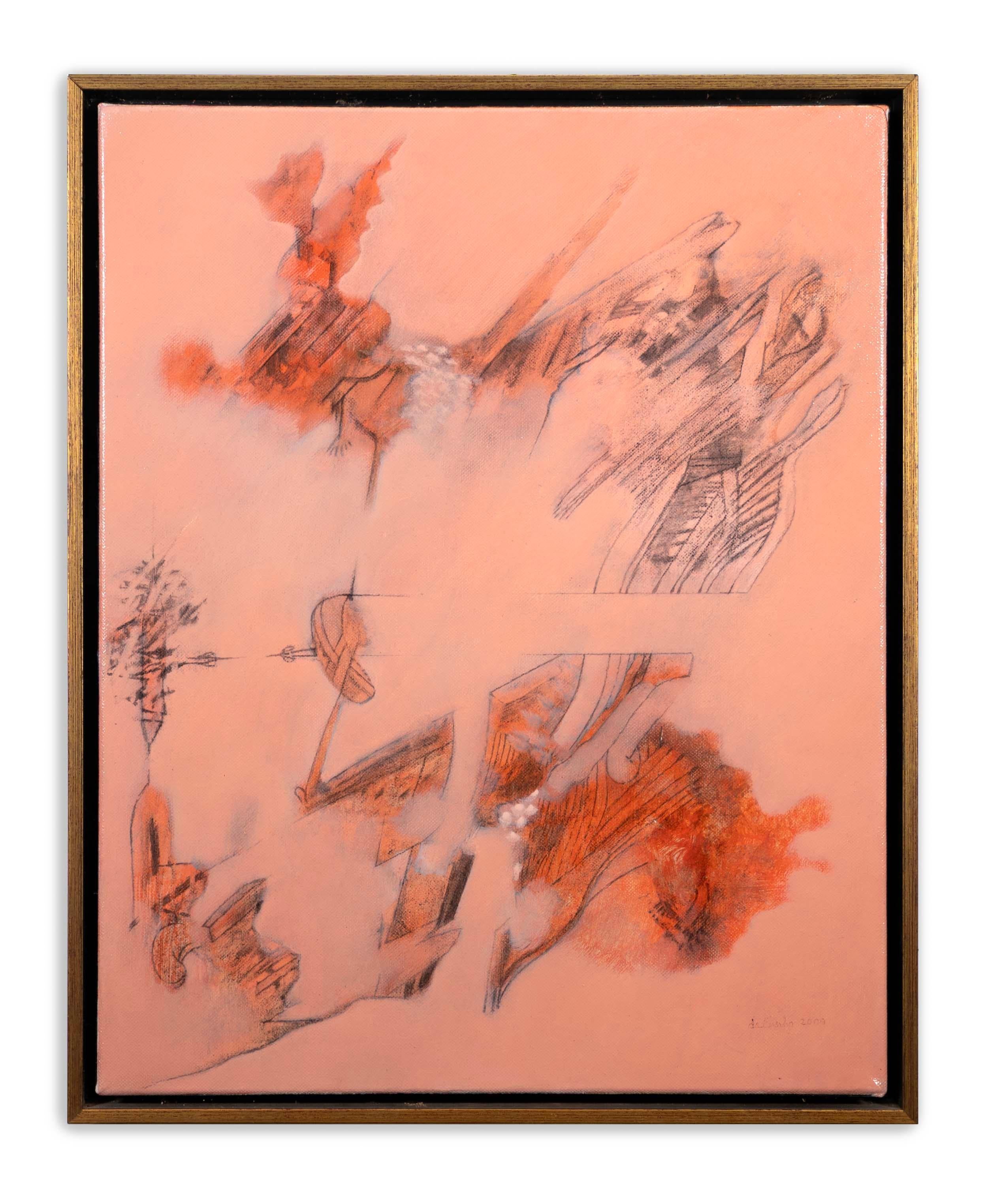 Un moderno dipinto a olio su tela dell'ex allievo di Cranbrook Julio daCunha. Firmato e datato 2009 in basso a destra. Una composizione eterea di forme e figure astratte in varie tonalità di rosa. Un quadro unico per uno spazio moderno o
