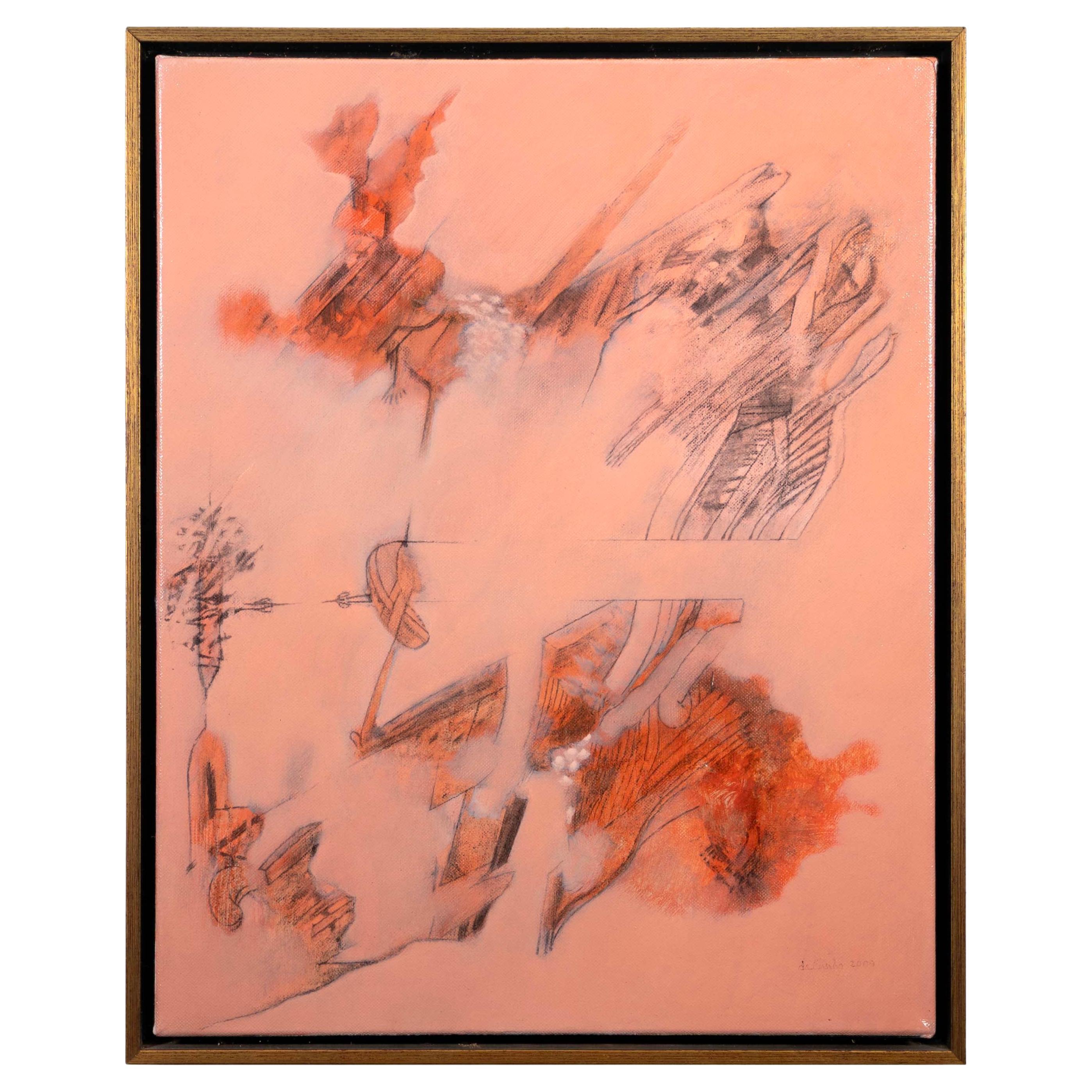 Julio daCuhna Signed Abstract Pink Figurative Oil Painting on Canvas 2009