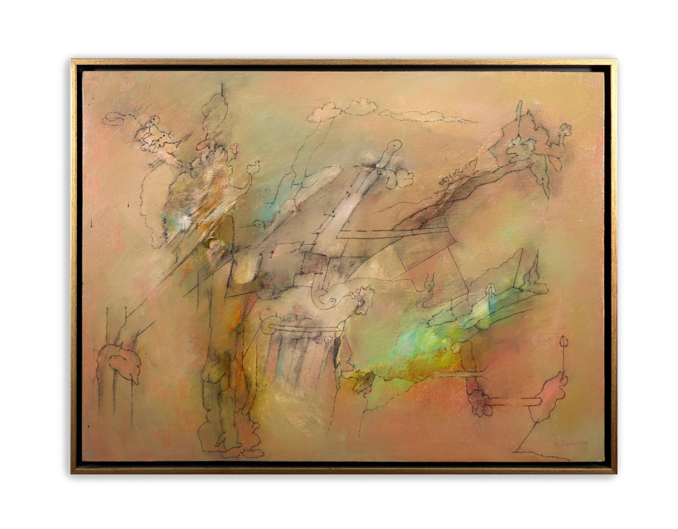 Ein modernes Ölgemälde auf Leinwand des Cranbrook-Absolventen Julio daCunha. Signiert und datiert 2010 unten rechts. Eine ätherische Komposition aus abstrahierten Formen und Figuren in gedämpften Grün-, Rosa- und Neutraltönen. Ein einzigartiges