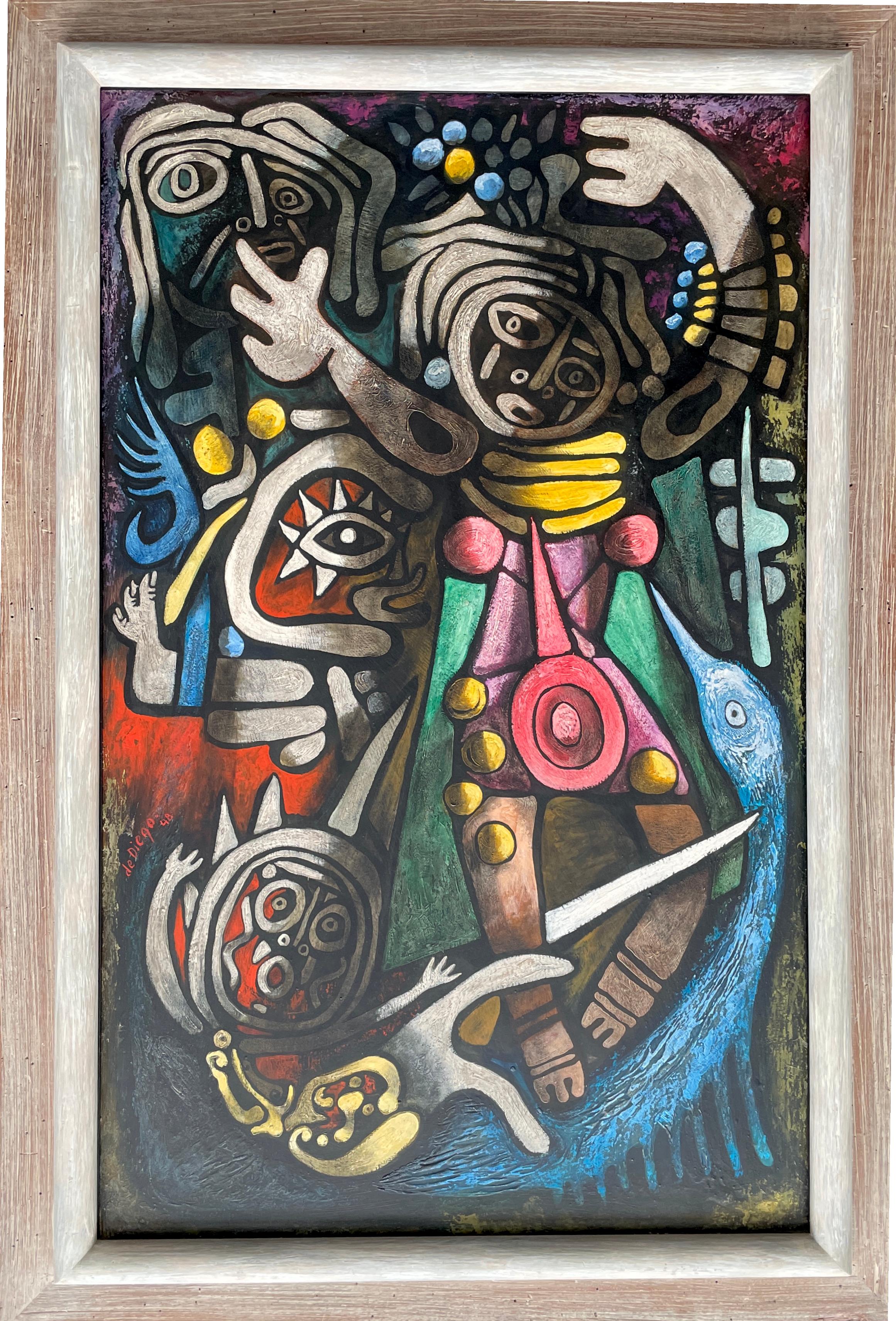 Julio de Diego Abstract Painting – Ceremonial Dancers, Öl- und Temperagemälde von Julio De Diego