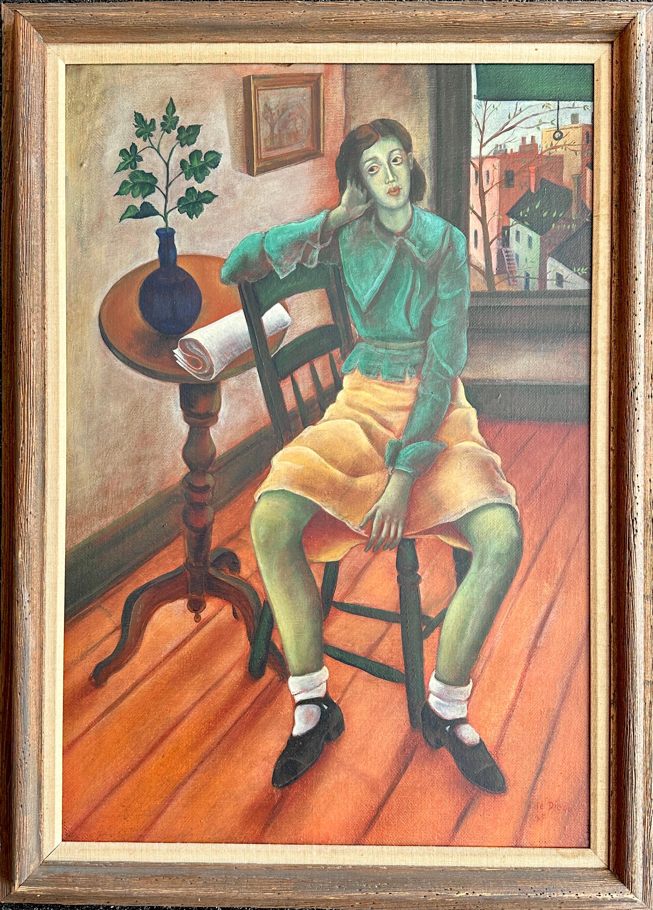 Jeune fille dans un intérieur - Peinture à l'huile de Julio De Diego - Painting de Julio de Diego