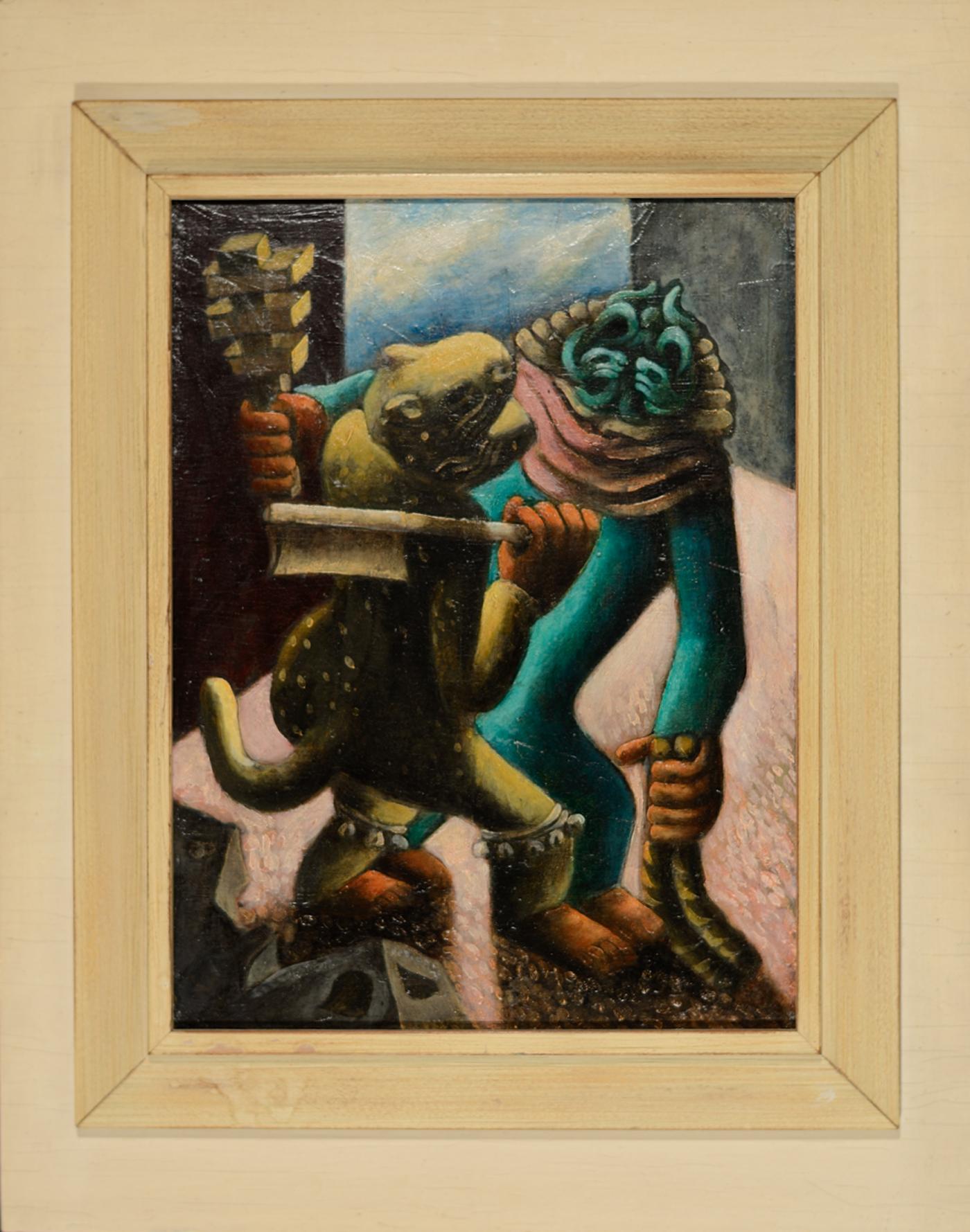 Tlaloc and the Tiger (1939)
Oil on panel
16" x 12"
23 ¾" x 18 ¾"x 2 ½" framed
Signed and dated (and inscribed) "de Diego 39" lower left.
Provenance: The artist; private collection Chicago; by descent
Exhibited: 2018 The Arts Club of Chicago, "A Home