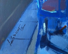 Modern Café Interior with Figures, Atmospheric Blue Figurative Oil Painting