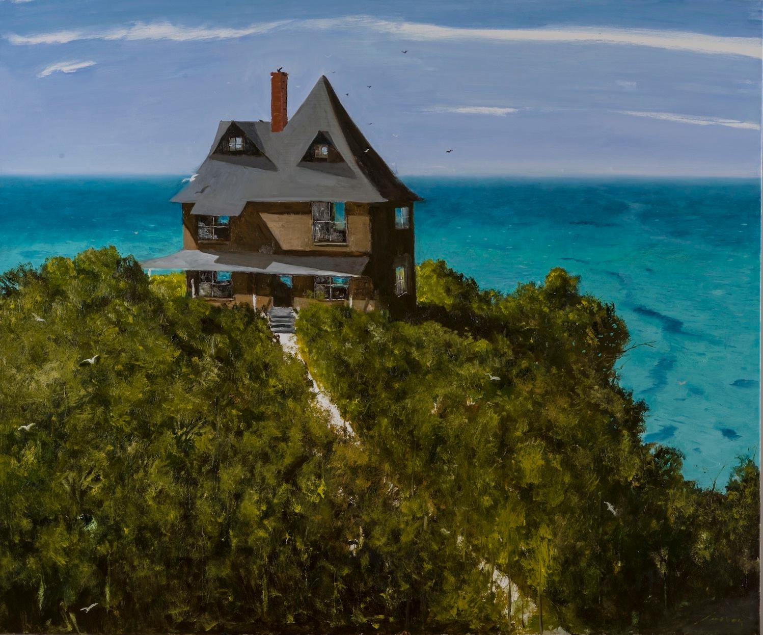 An American Poet Lives Here - Painting by Julio Larraz