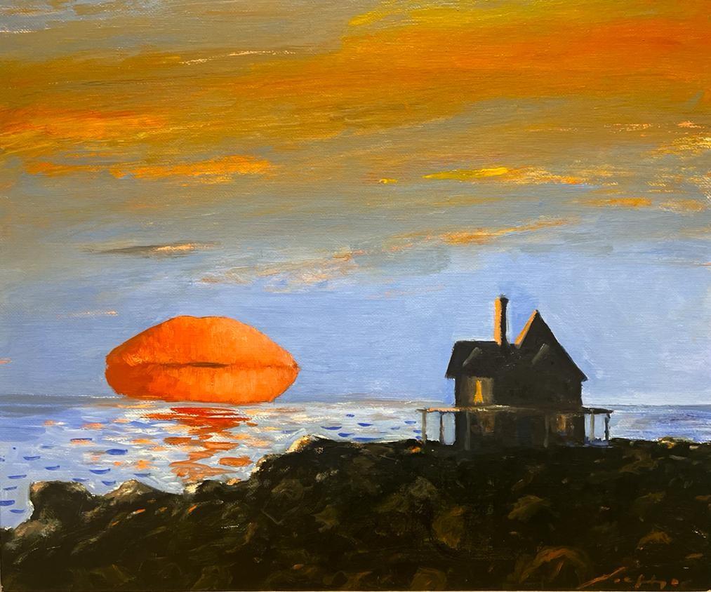 Landscape Painting di Julio Larraz - La fine di una giornata molto lunga