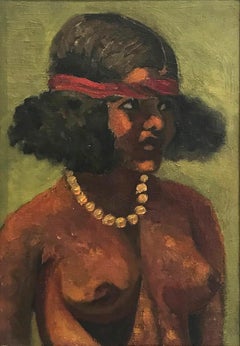 "Modernist Female Nude with Pearls" Mid-20th Century Oil Painting on Canvas