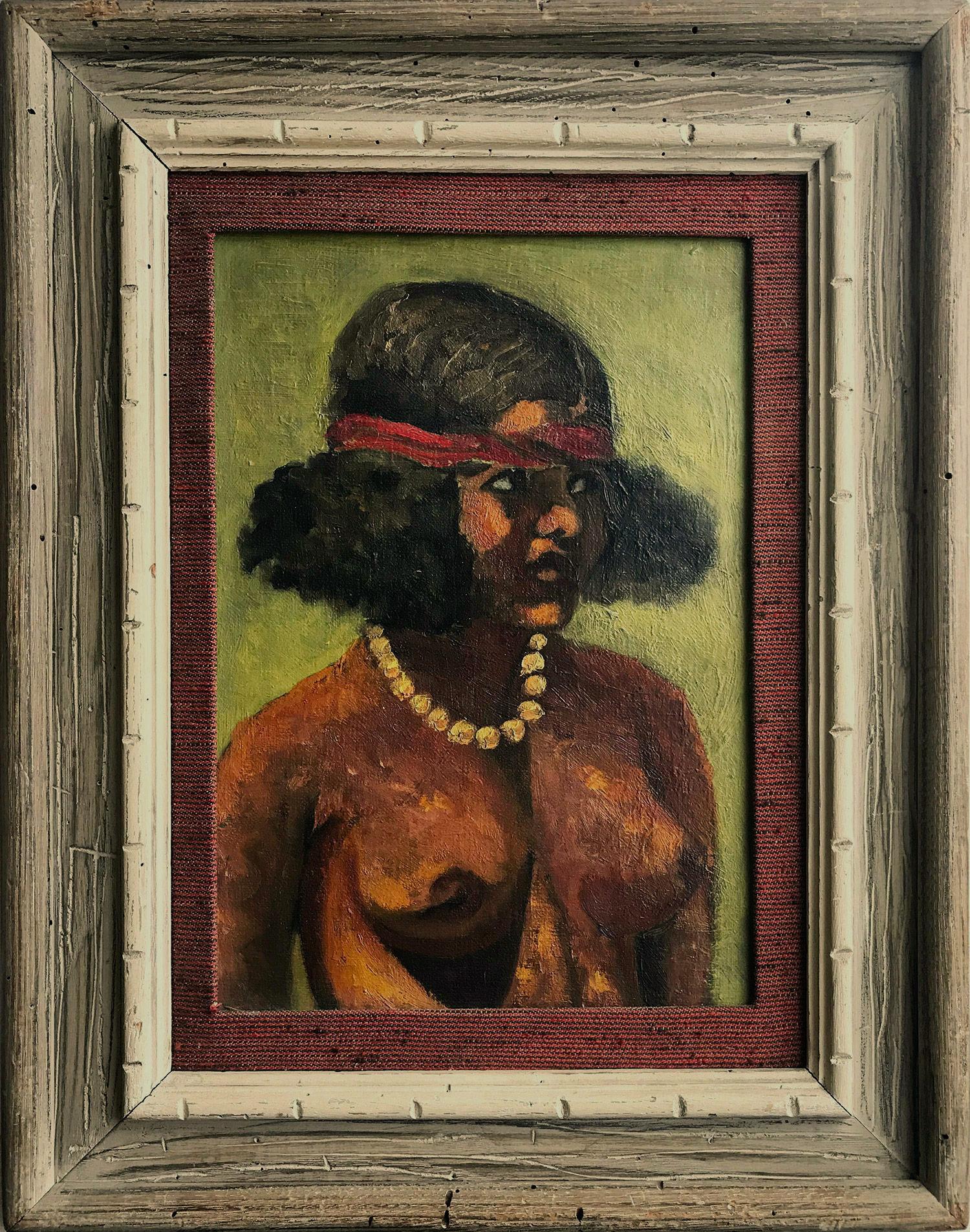 "Modernist Female Nude with Pearls" Mid-20th Century Oil Painting on Canvas