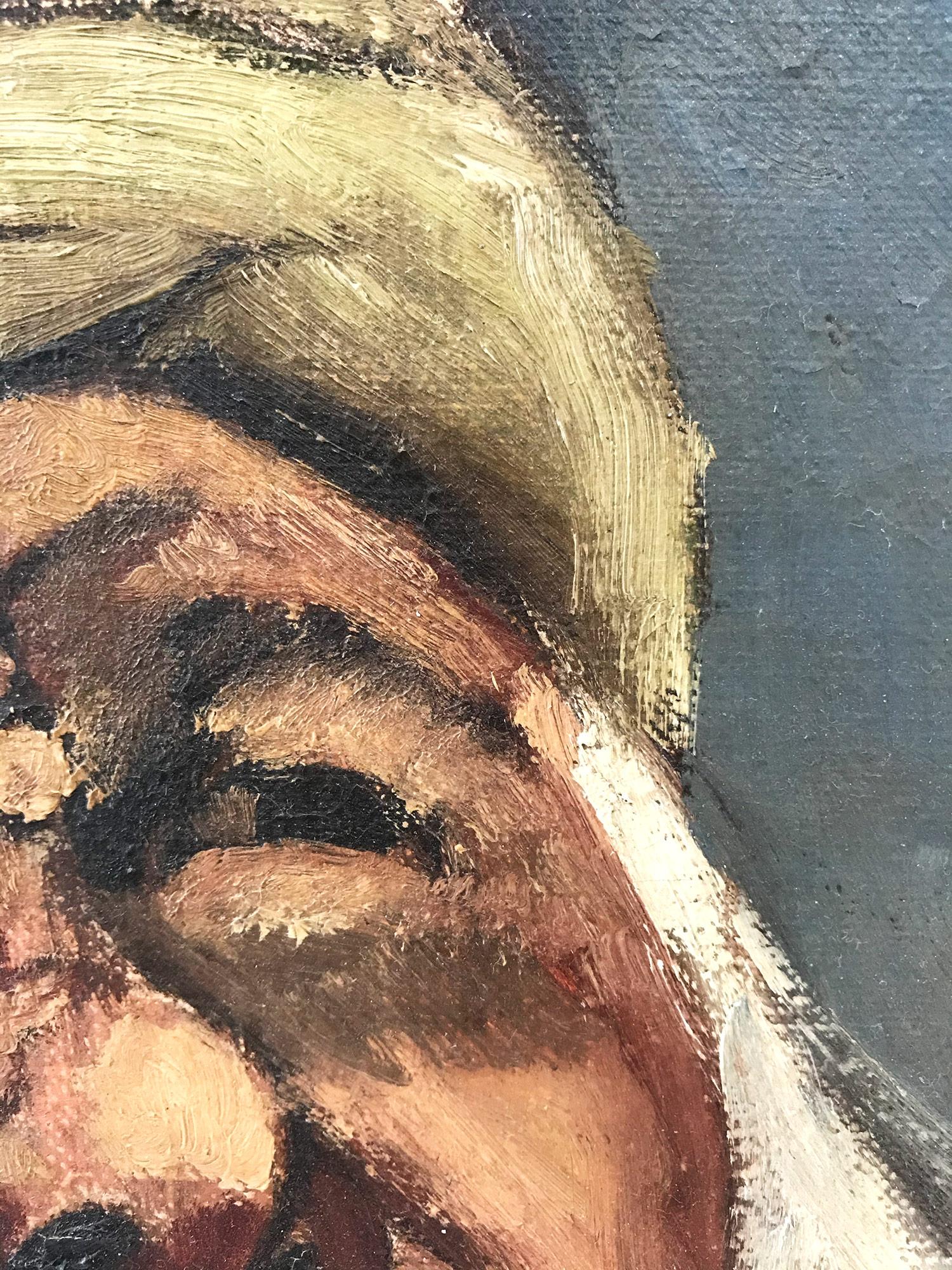 « Portrait moderniste », peinture à l'huile espagnole du milieu du 20e siècle sur toile encadrée - Marron Figurative Painting par Julio Moisés Fernández de Villasante