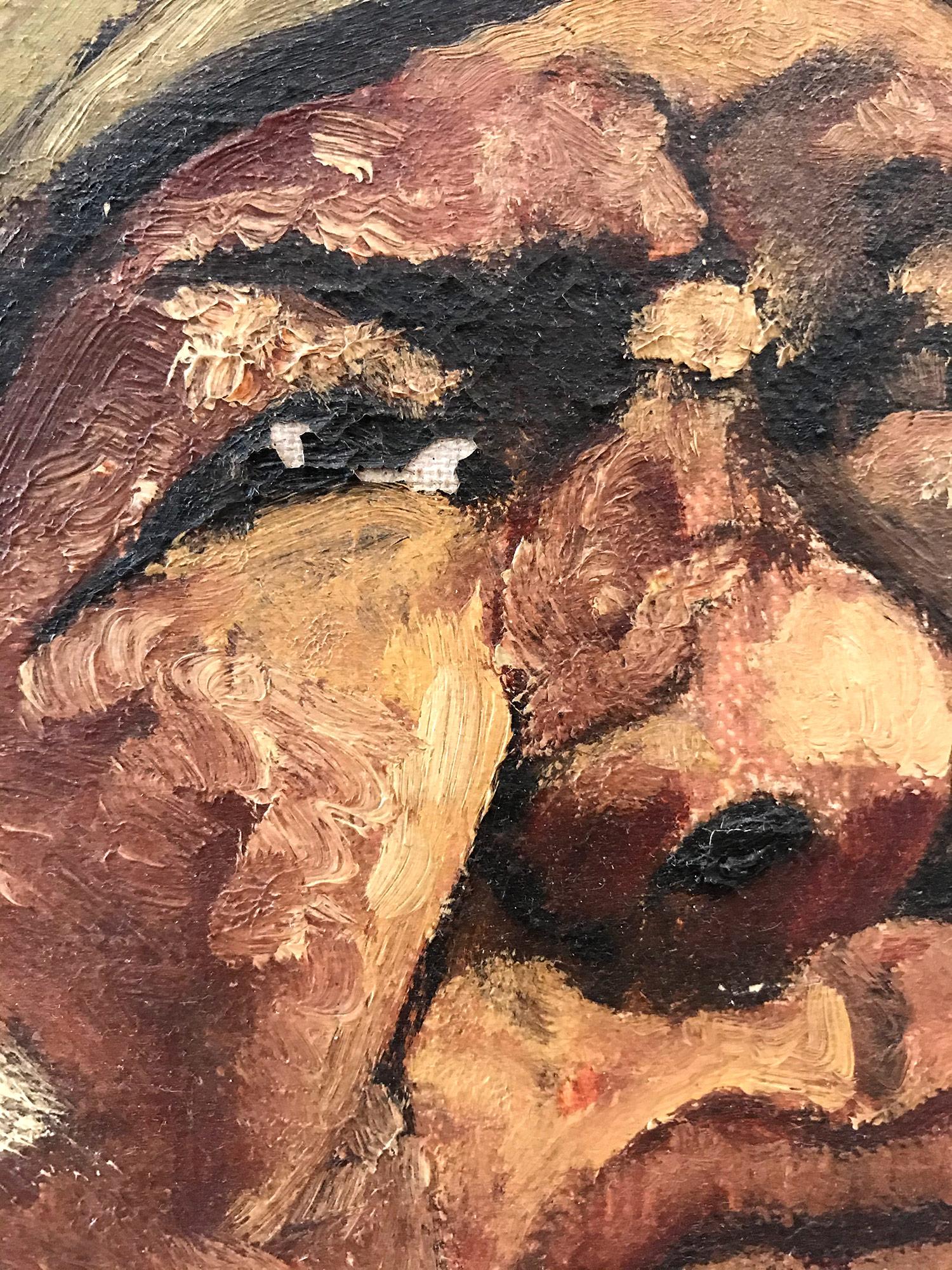 Ein starkes modernistisches Ölgemälde, das der spanische Maler Julio Moises in den 1940er Jahren geschaffen hat. Dieses Werk, das vor allem für seine abstrakten Figuren auf Leinwand bekannt ist, ist eine wunderbare Darstellung ihrer Arbeit mit einer