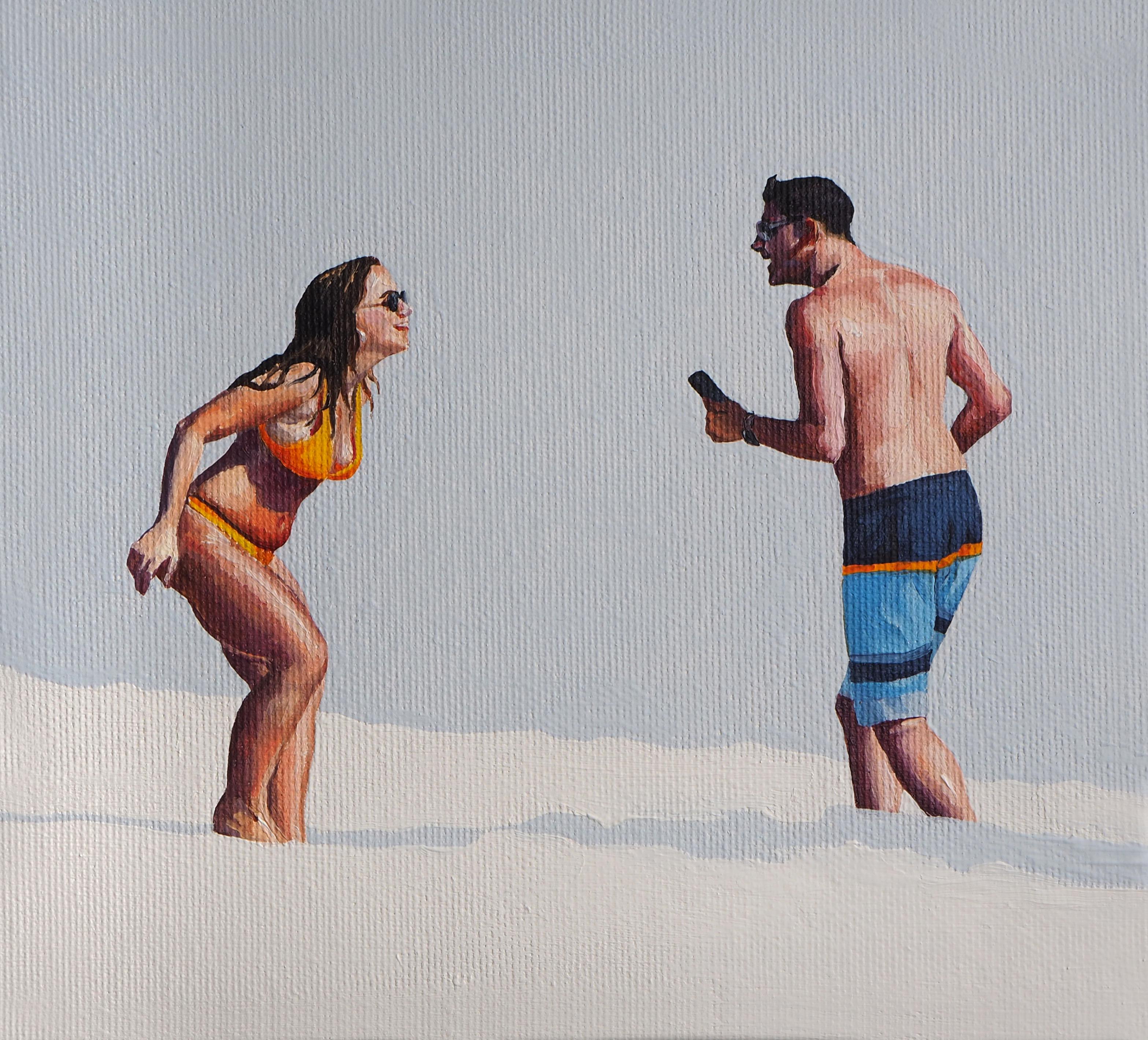 Julita Malinowska Figurative Painting - Beach Geometry 3 - Modern Figurative Oil Painting, Beach View, Realism, Couple
